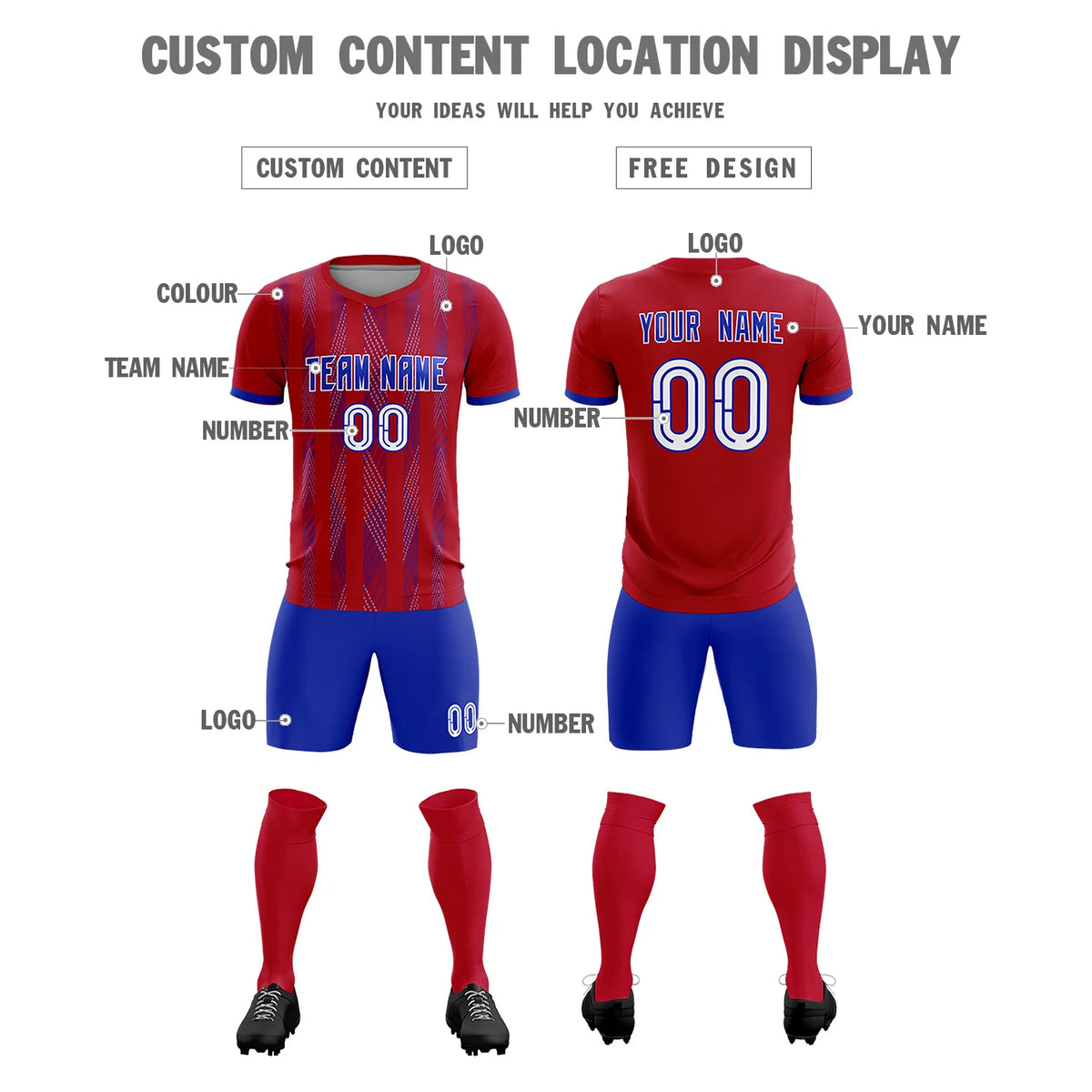 Custom Red Royal Blue-White Soft Soccer Sets Jersey