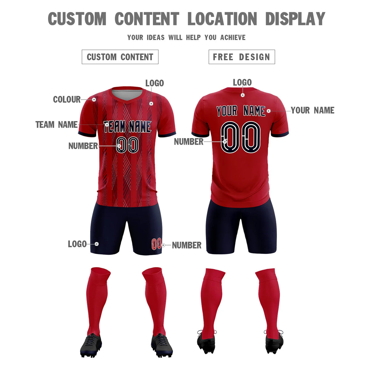 Custom Red Navy-White Soft Soccer Sets Jersey