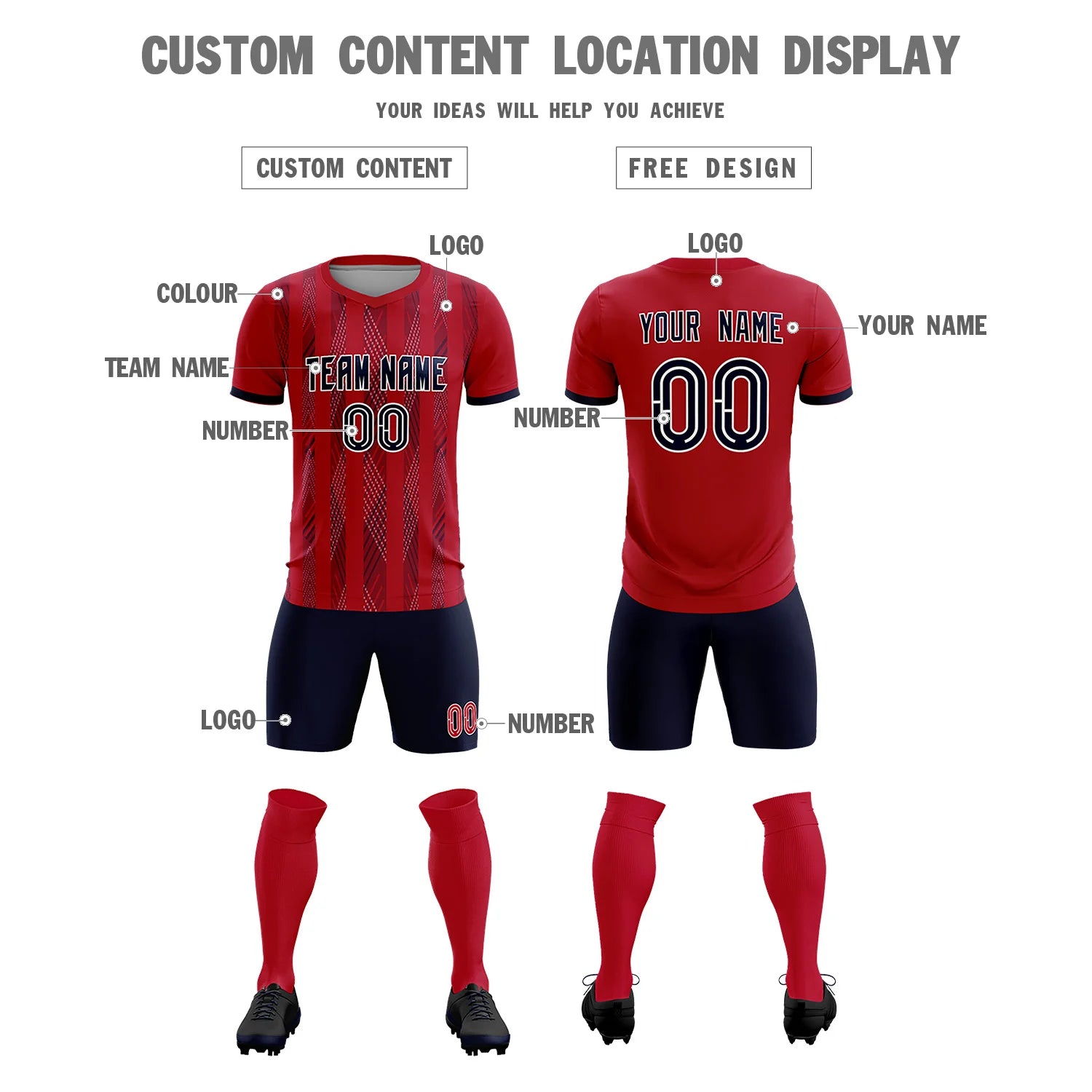 Custom Red Navy-White Soft Soccer Sets Jersey