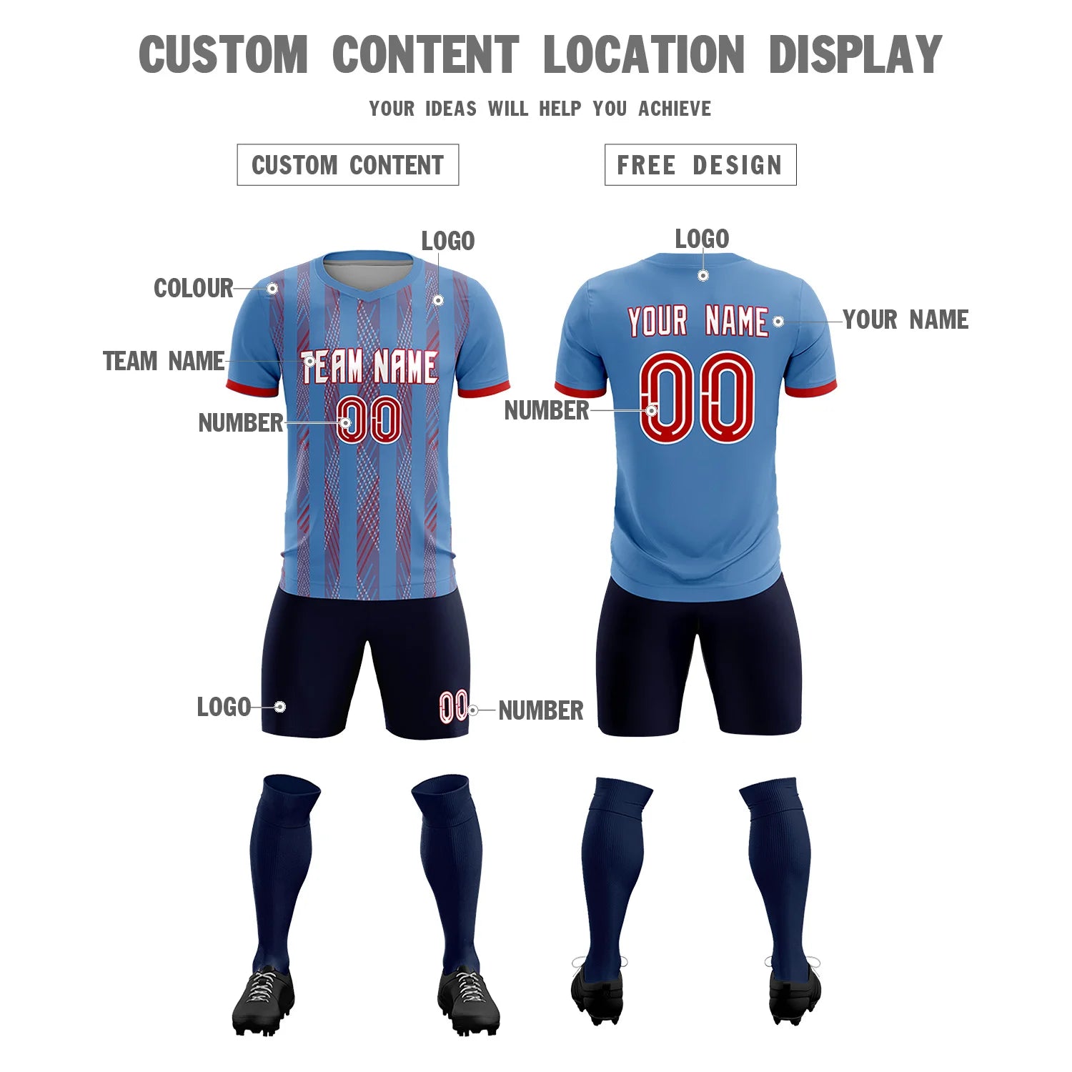 Custom Light Blue Red-White Soft Soccer Sets Jersey