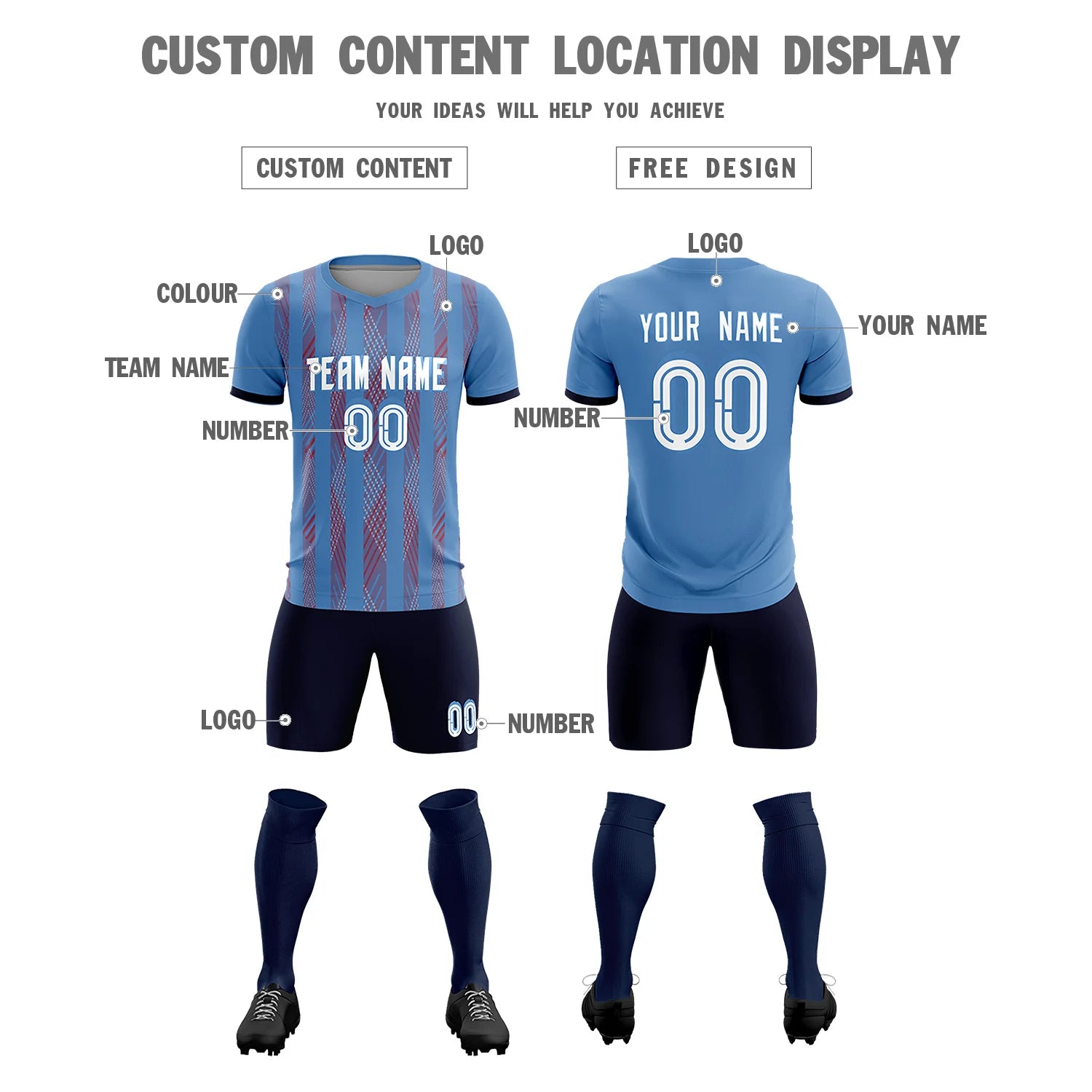 Custom Light Blue Red-White Soft Soccer Sets Jersey