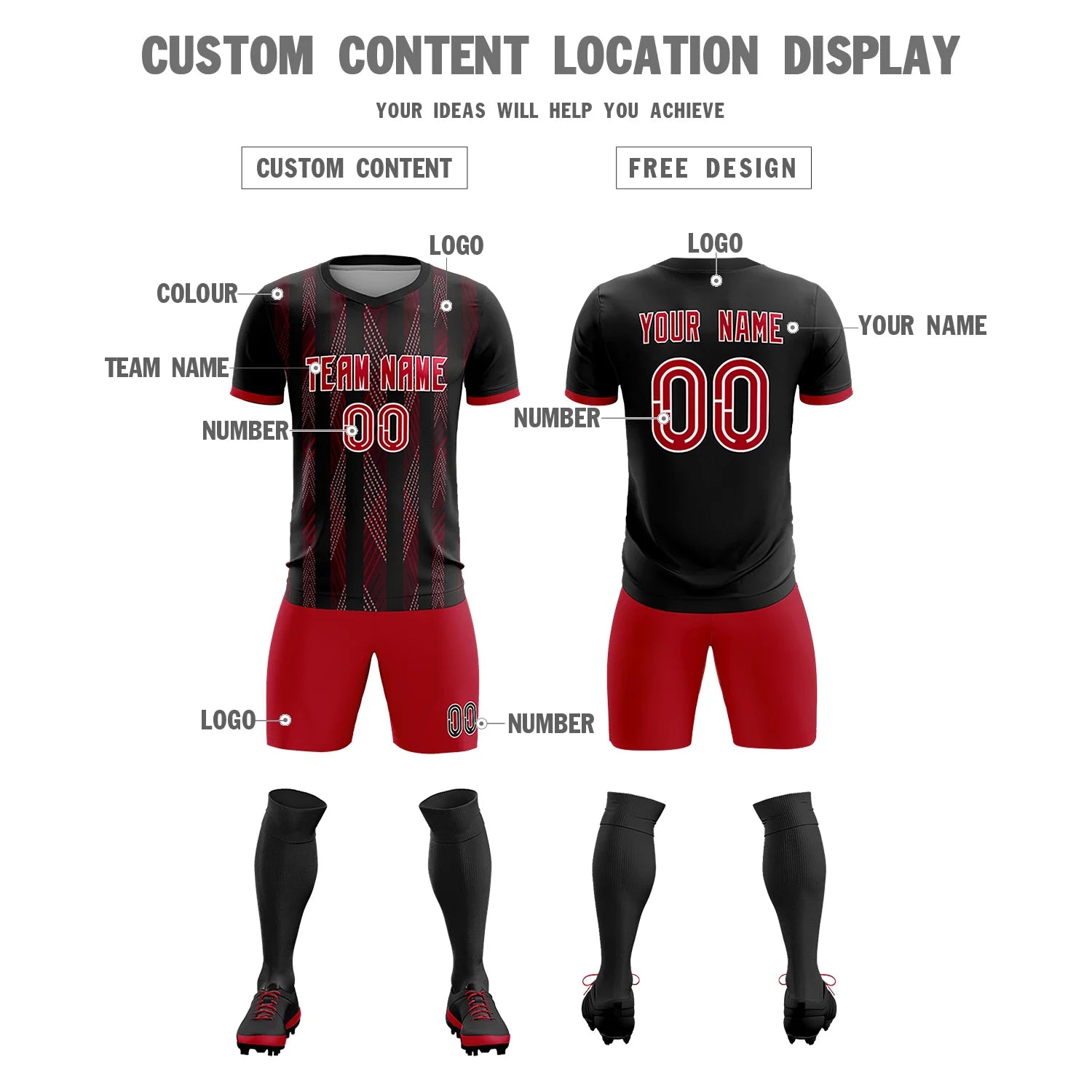 Custom Black Red-White Soft Soccer Sets Jersey