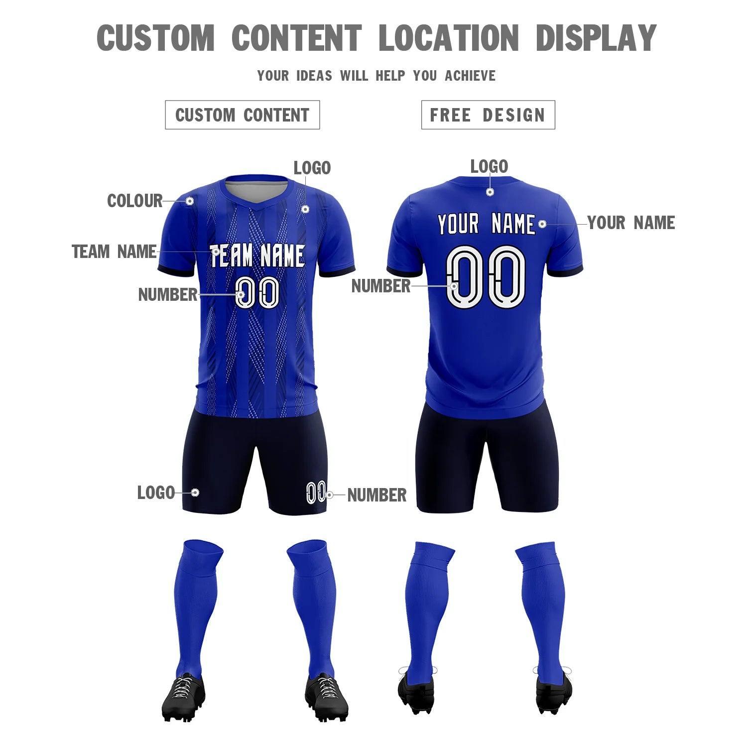 Custom Royal Blue Black-White Soft Soccer Sets Jersey
