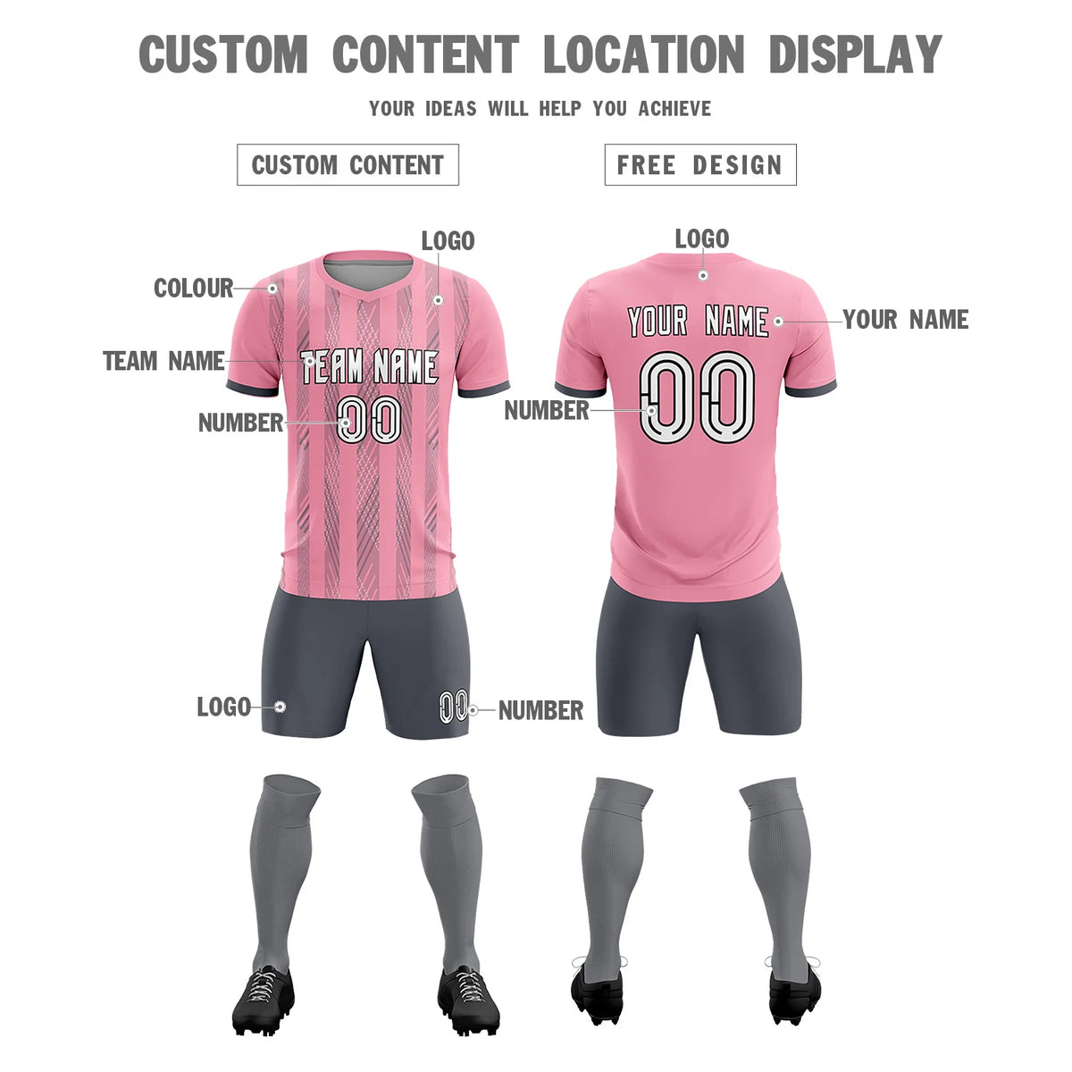 Custom Light Pink Gray-White Soft Soccer Sets Jersey