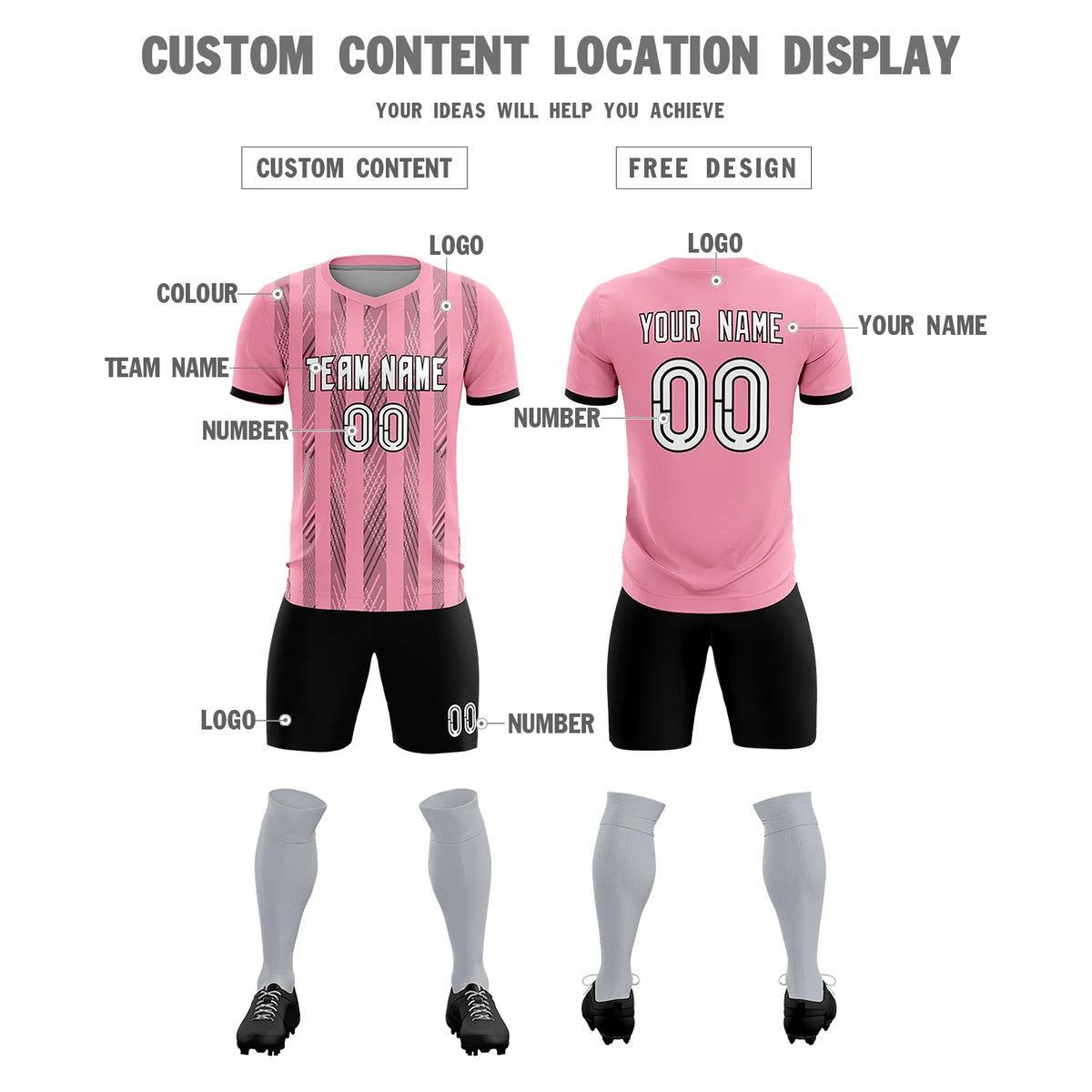 Custom Light Pink Black-White Soft Soccer Sets Jersey