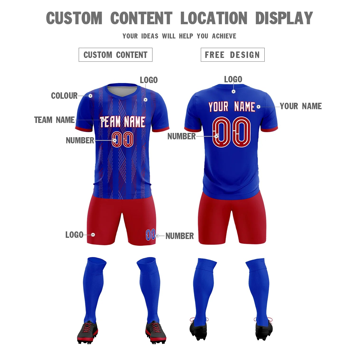 Custom Royal Blue Red-White Soft Soccer Sets Jersey