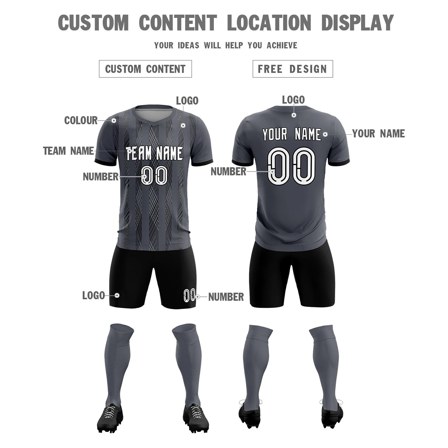 Custom Gray Black-White Soft Soccer Sets Jersey