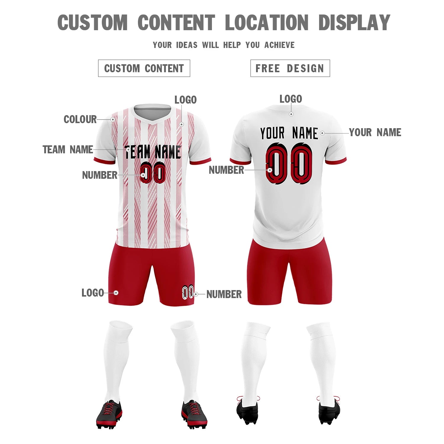 Custom White Red-White Soft Soccer Sets Jersey