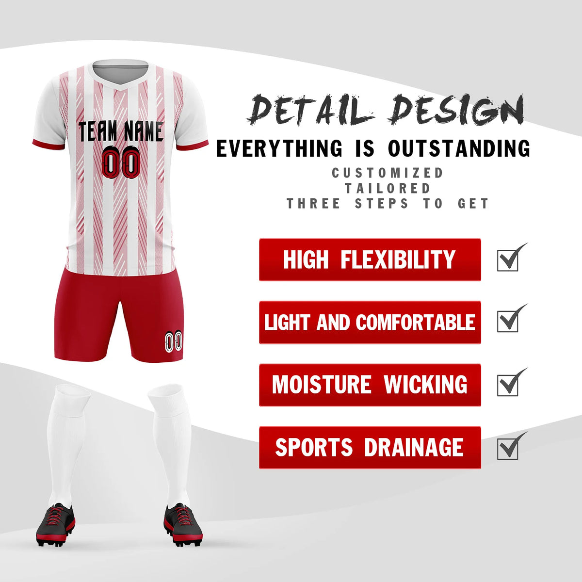 Custom White Red-White Soft Soccer Sets Jersey