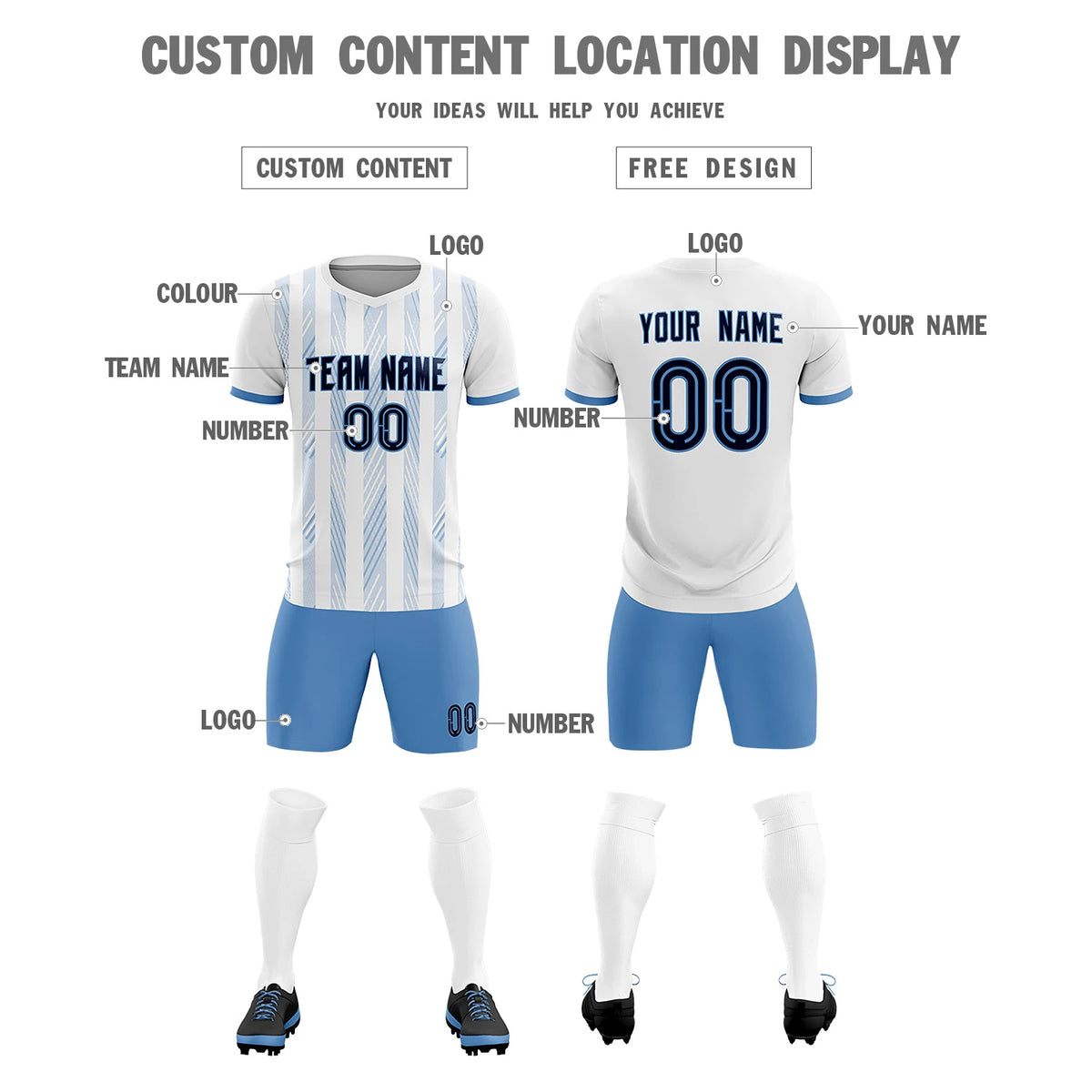 Custom White Light Blue-White Soft Soccer Sets Jersey