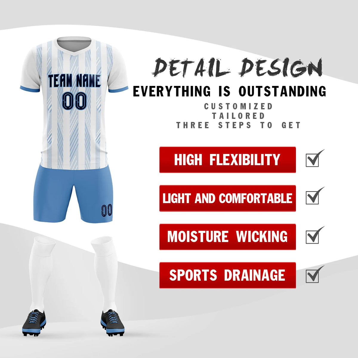 Custom White Light Blue-White Soft Soccer Sets Jersey