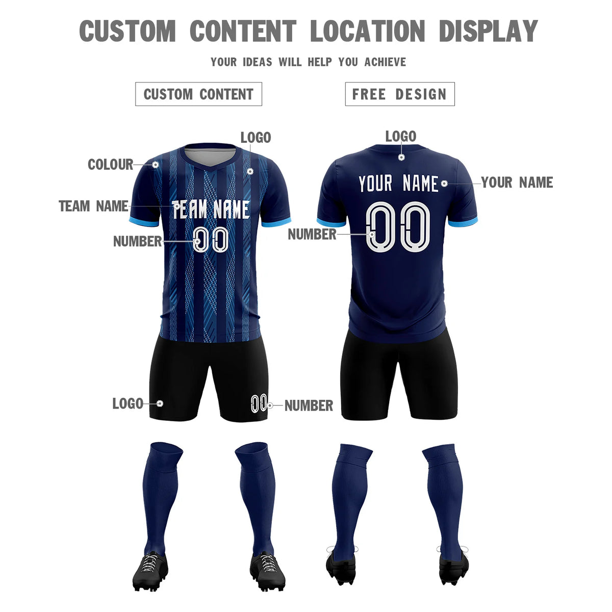 Custom Navy Powder Blue-White Soft Soccer Sets Jersey