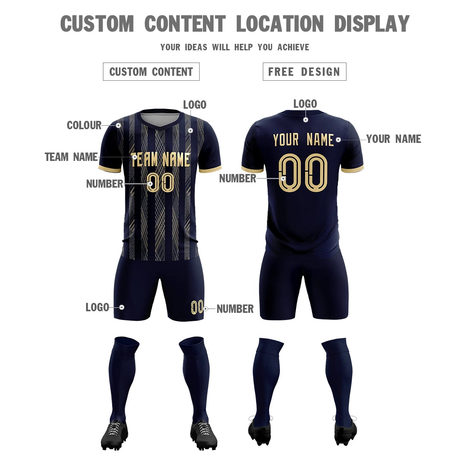 Custom Navy Khaki-White Soft Soccer Sets Jersey