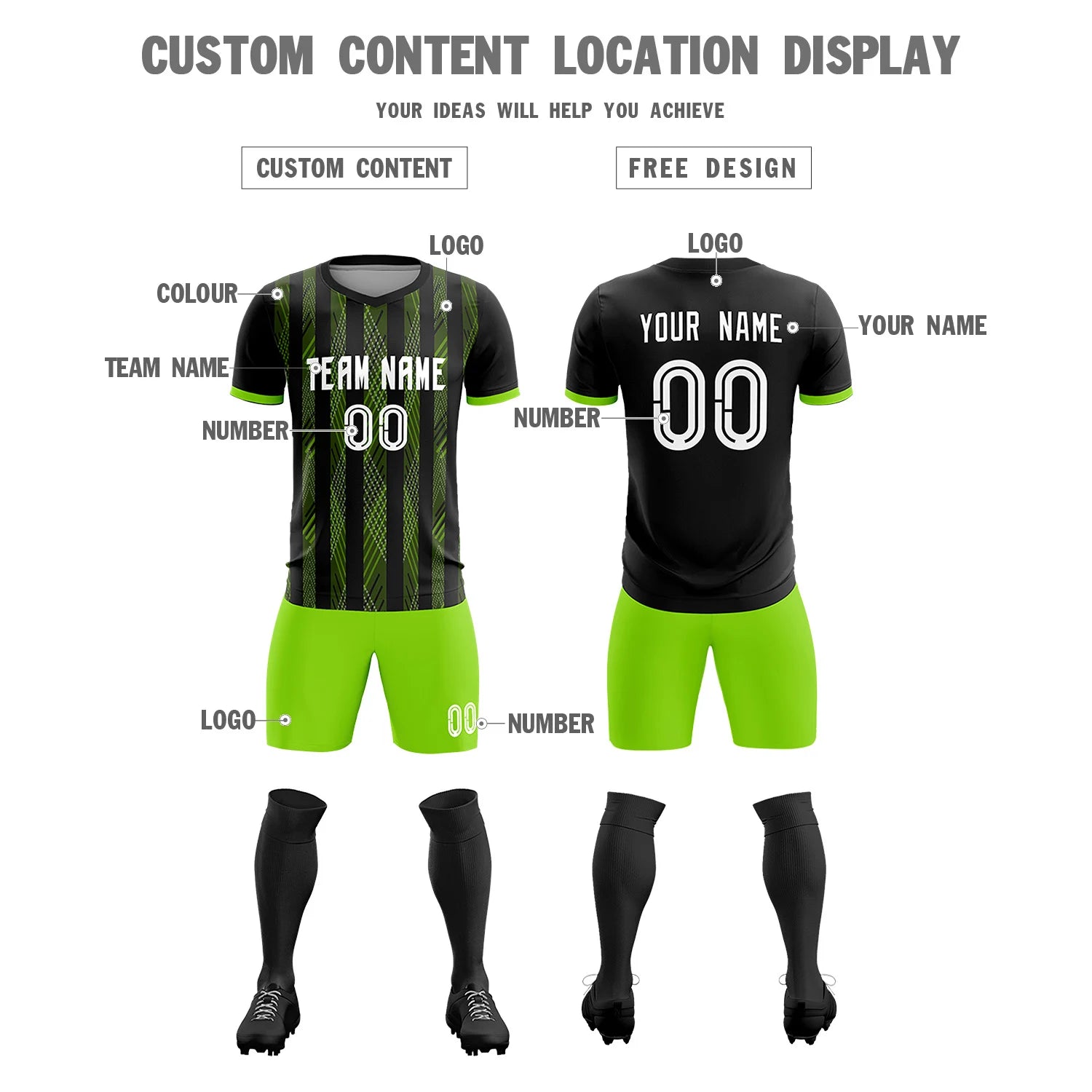 Custom Black Neon Green-White Soft Soccer Sets Jersey