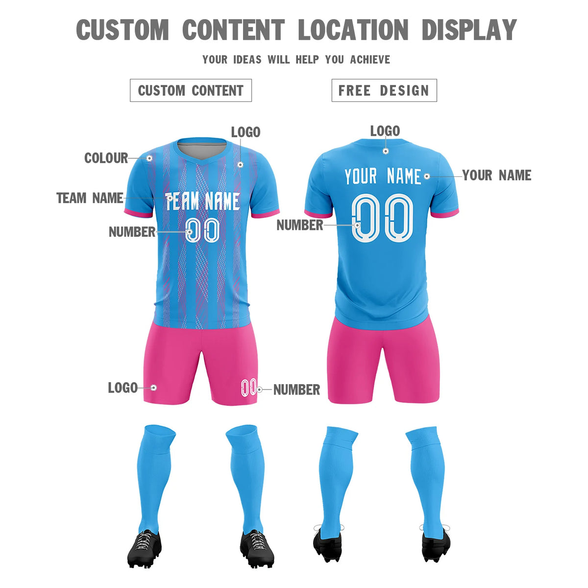 Custom Powder Blue Pink-White Soft Soccer Sets Jersey