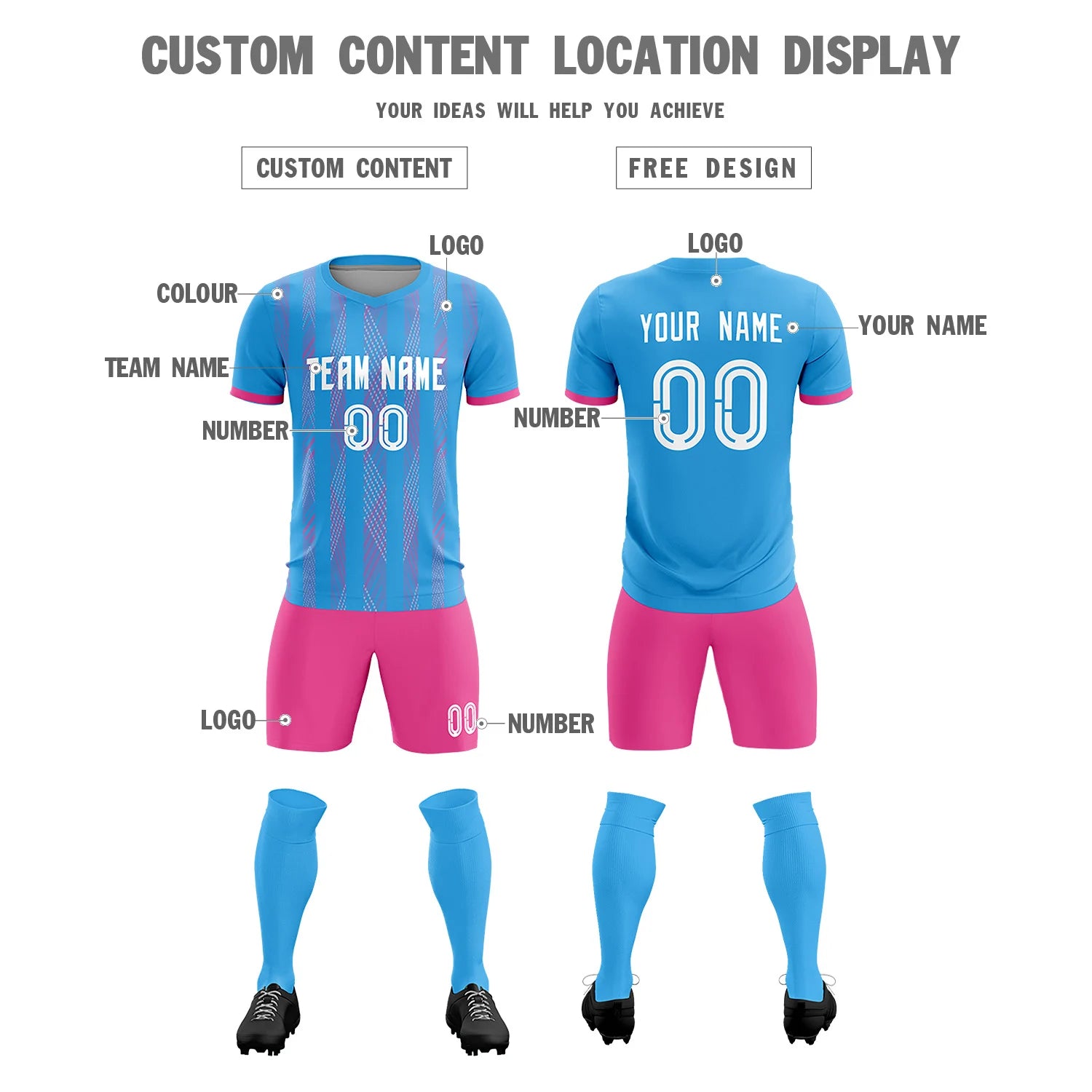 Custom Powder Blue Pink-White Soft Soccer Sets Jersey