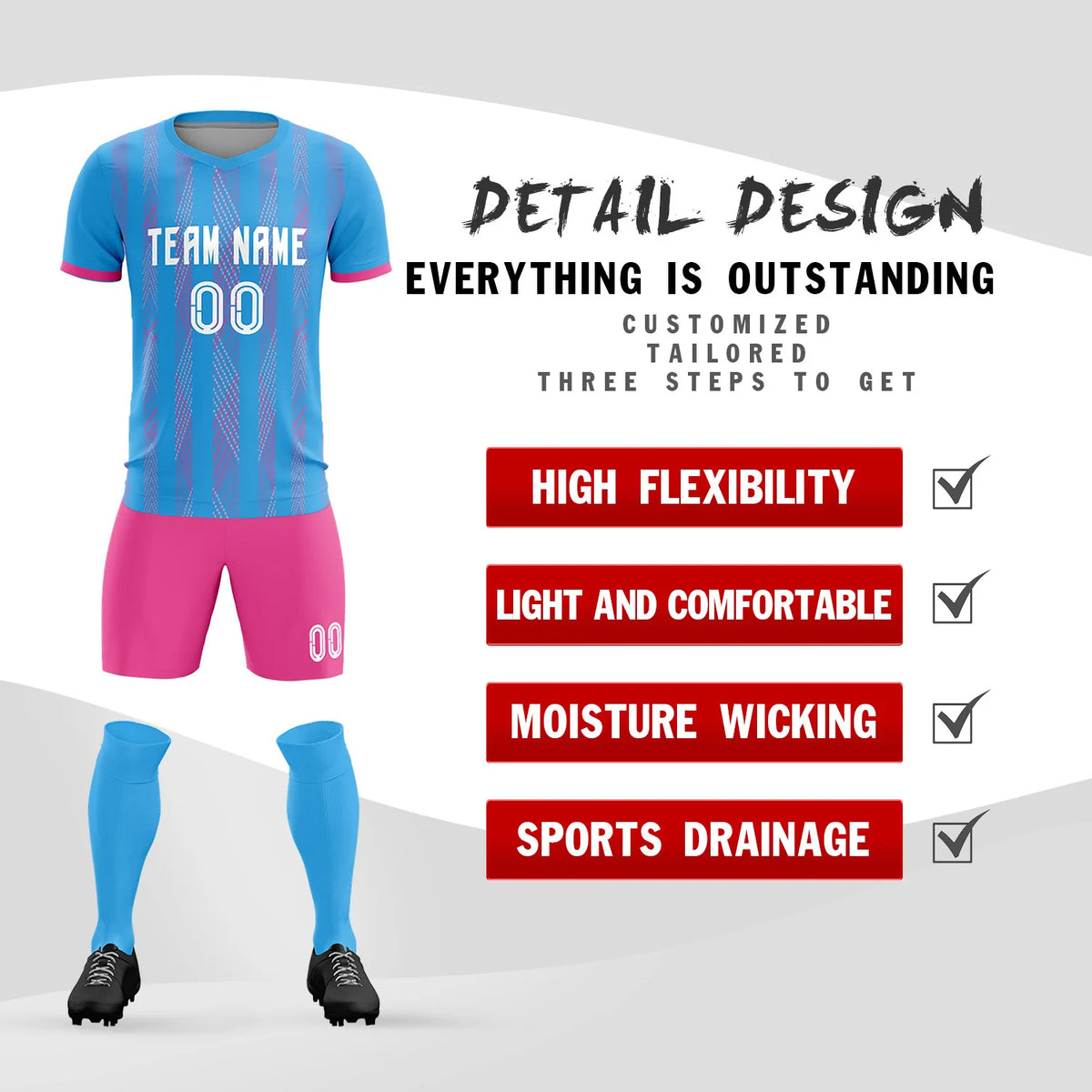 Custom Powder Blue Pink-White Soft Soccer Sets Jersey