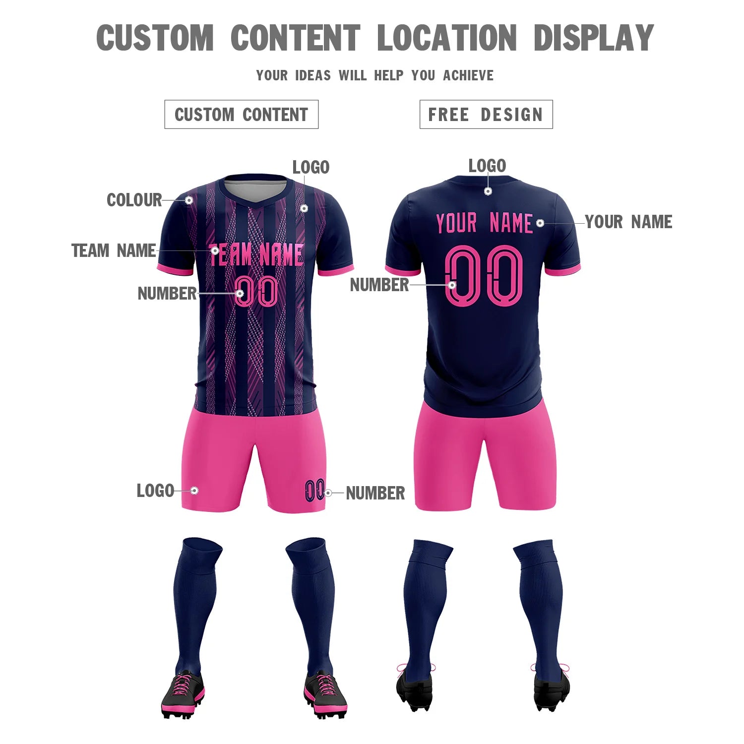 Custom Navy Pink-White Soft Soccer Sets Jersey