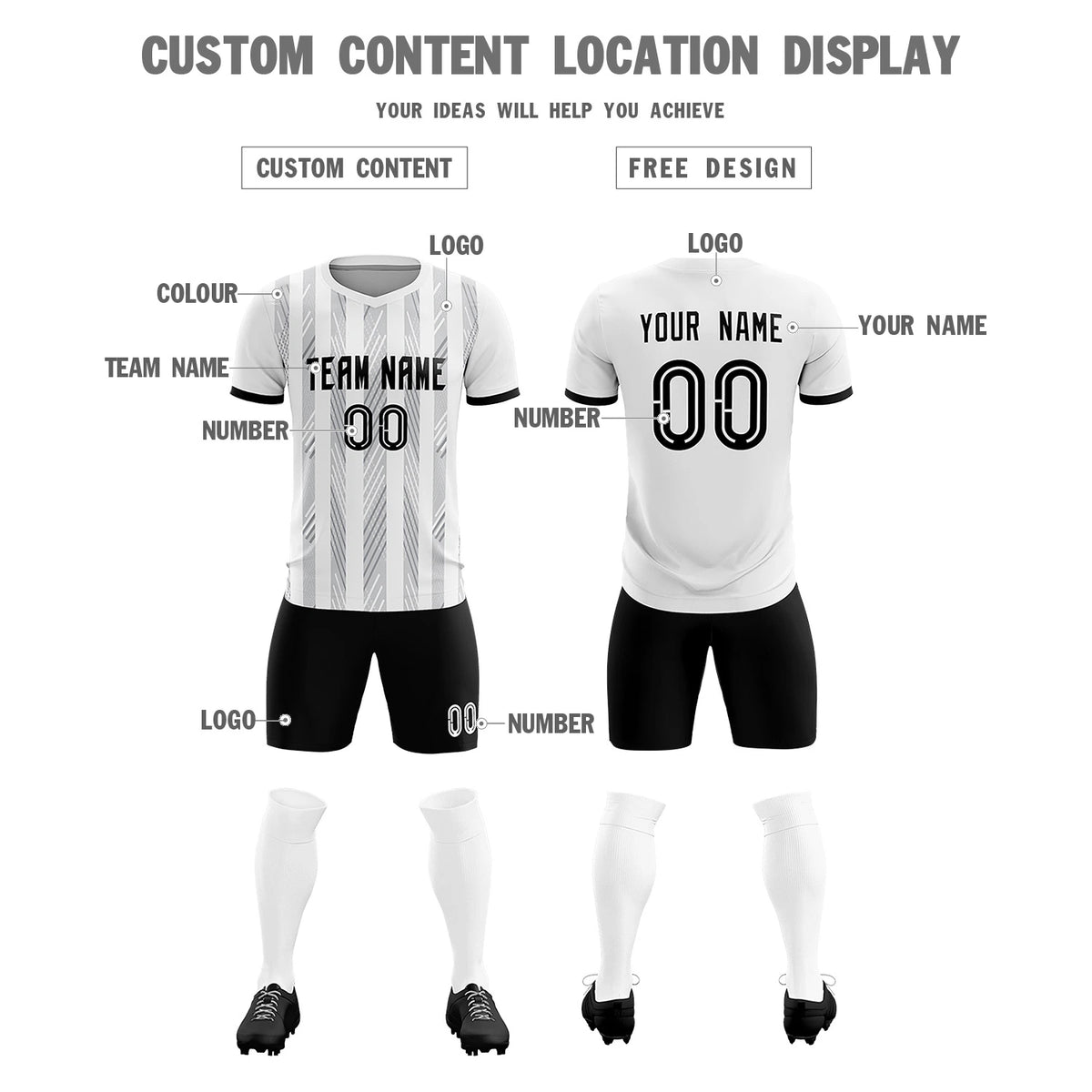 Custom White Black-White Soft Soccer Sets Jersey