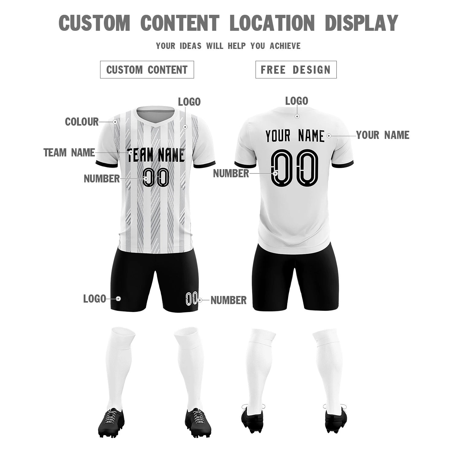Custom White Black-White Soft Soccer Sets Jersey