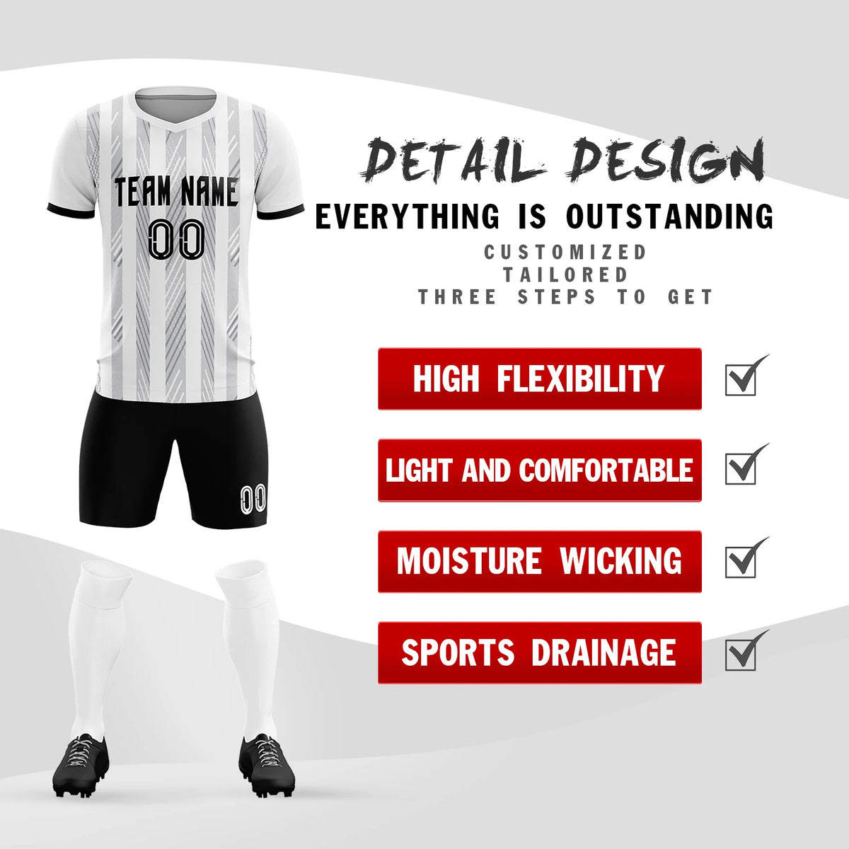 Custom White Black-White Soft Soccer Sets Jersey