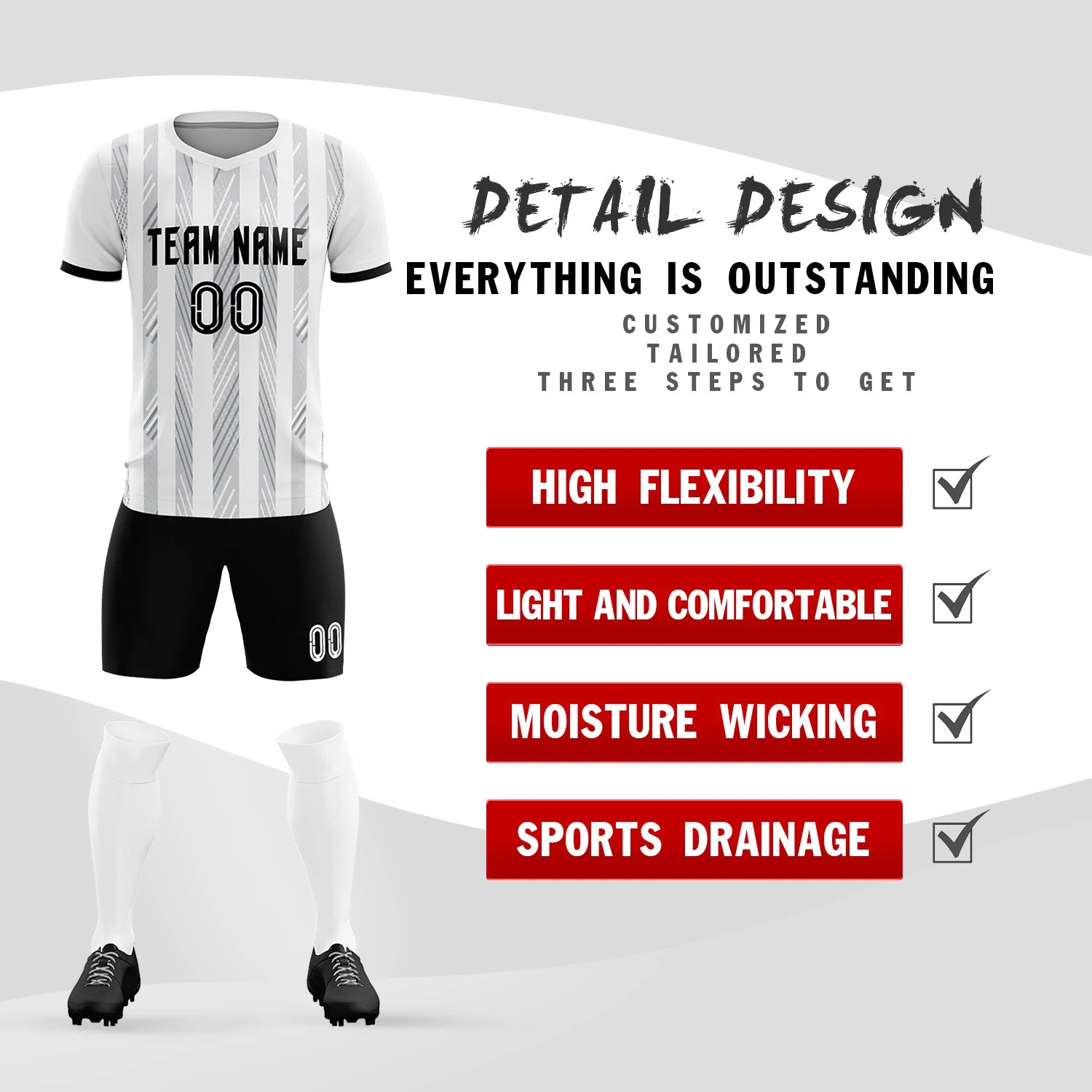 Custom White Black-White Soft Soccer Sets Jersey