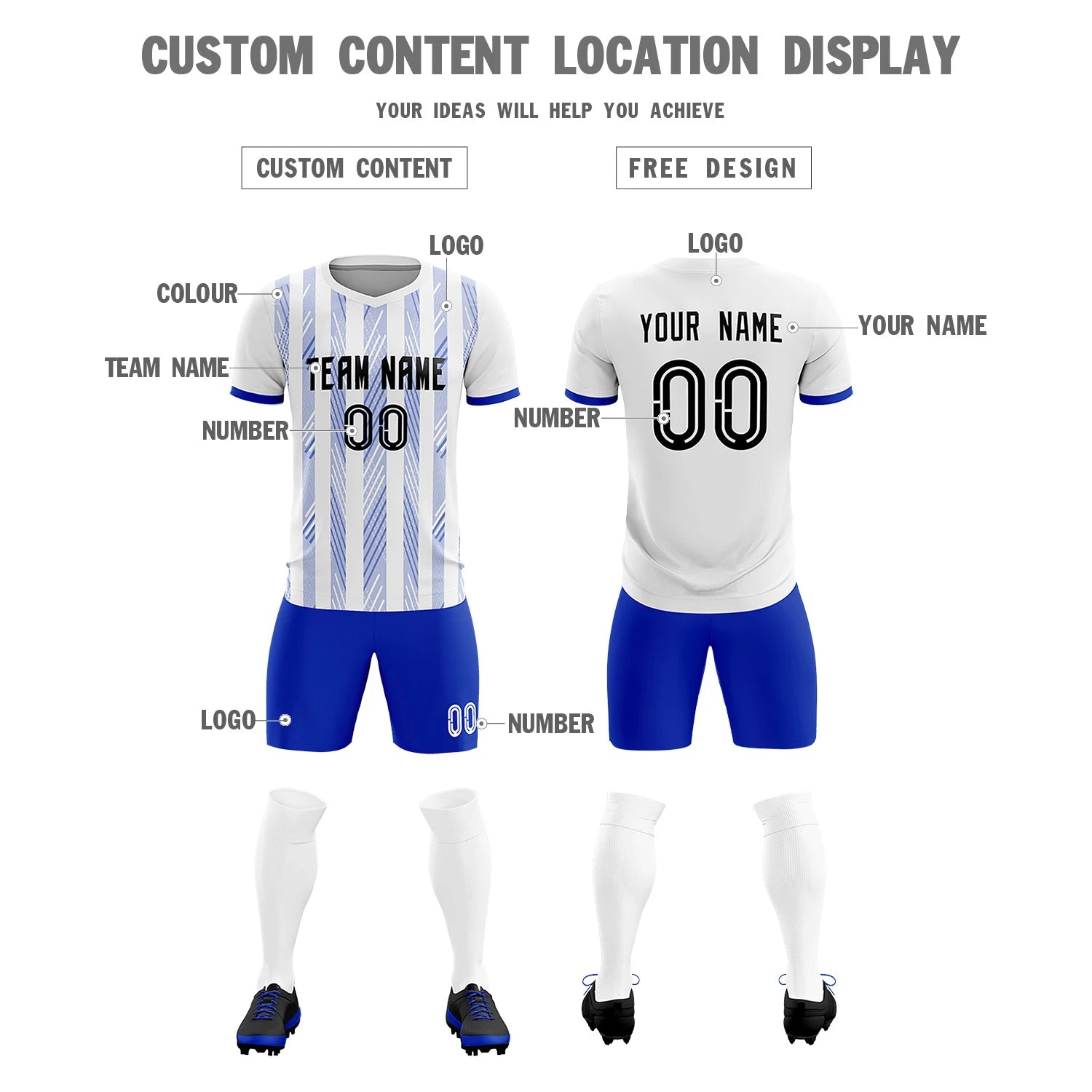 Custom White Royal Blue-White Soft Soccer Sets Jersey