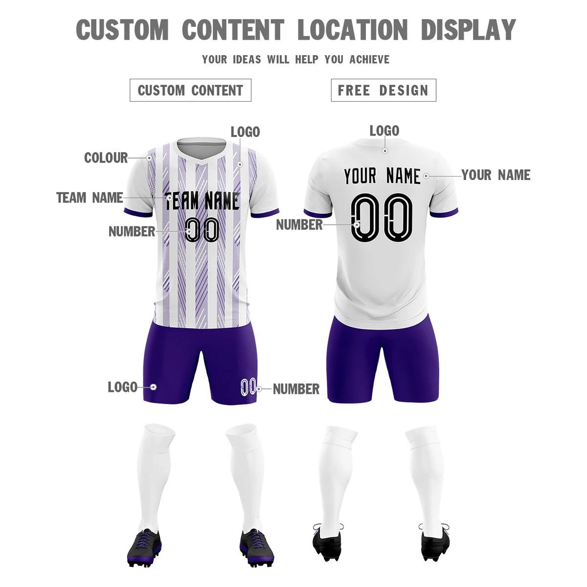 Custom White Purple-White Soft Soccer Sets Jersey