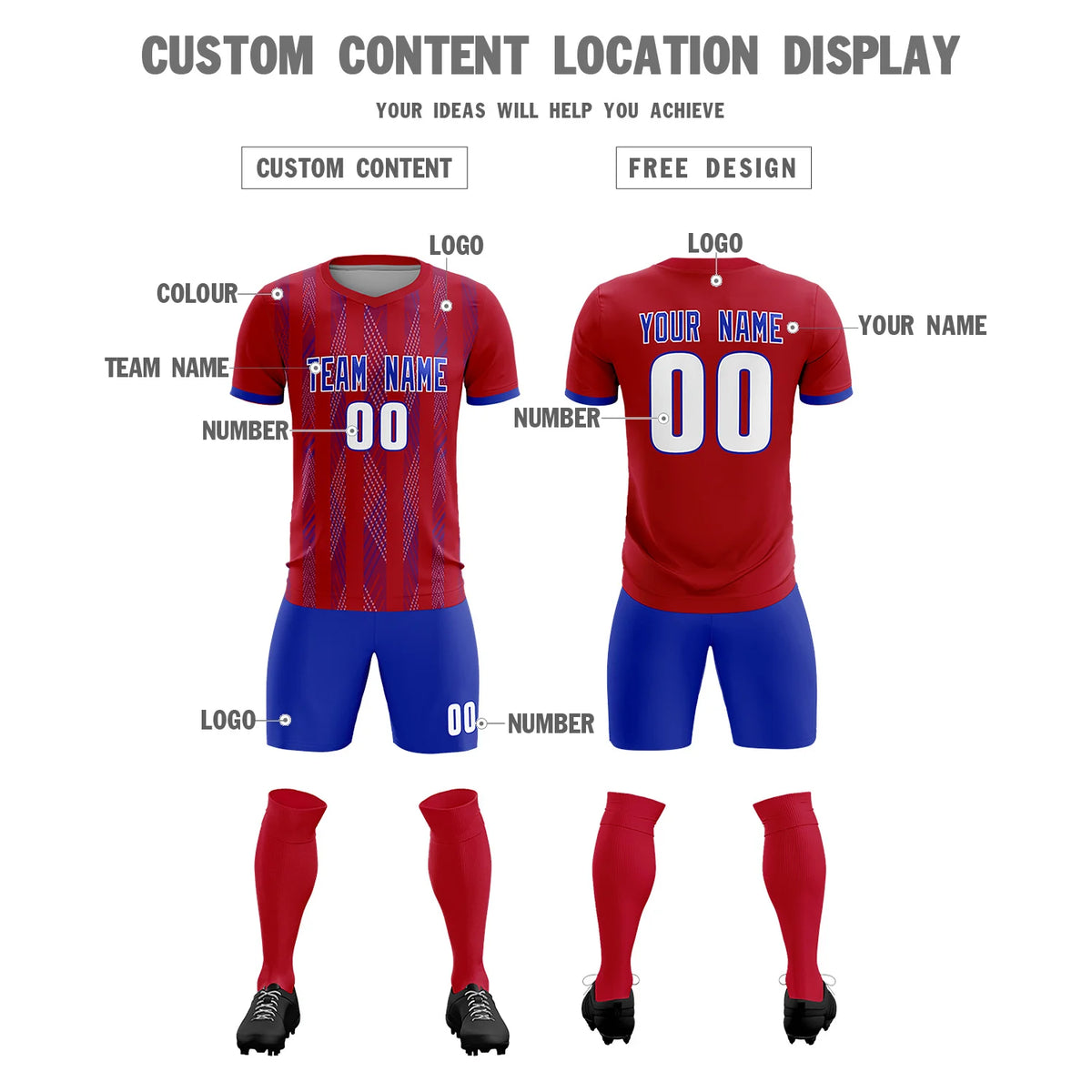 Custom Red Royal Blue-White Soft Soccer Sets Jersey
