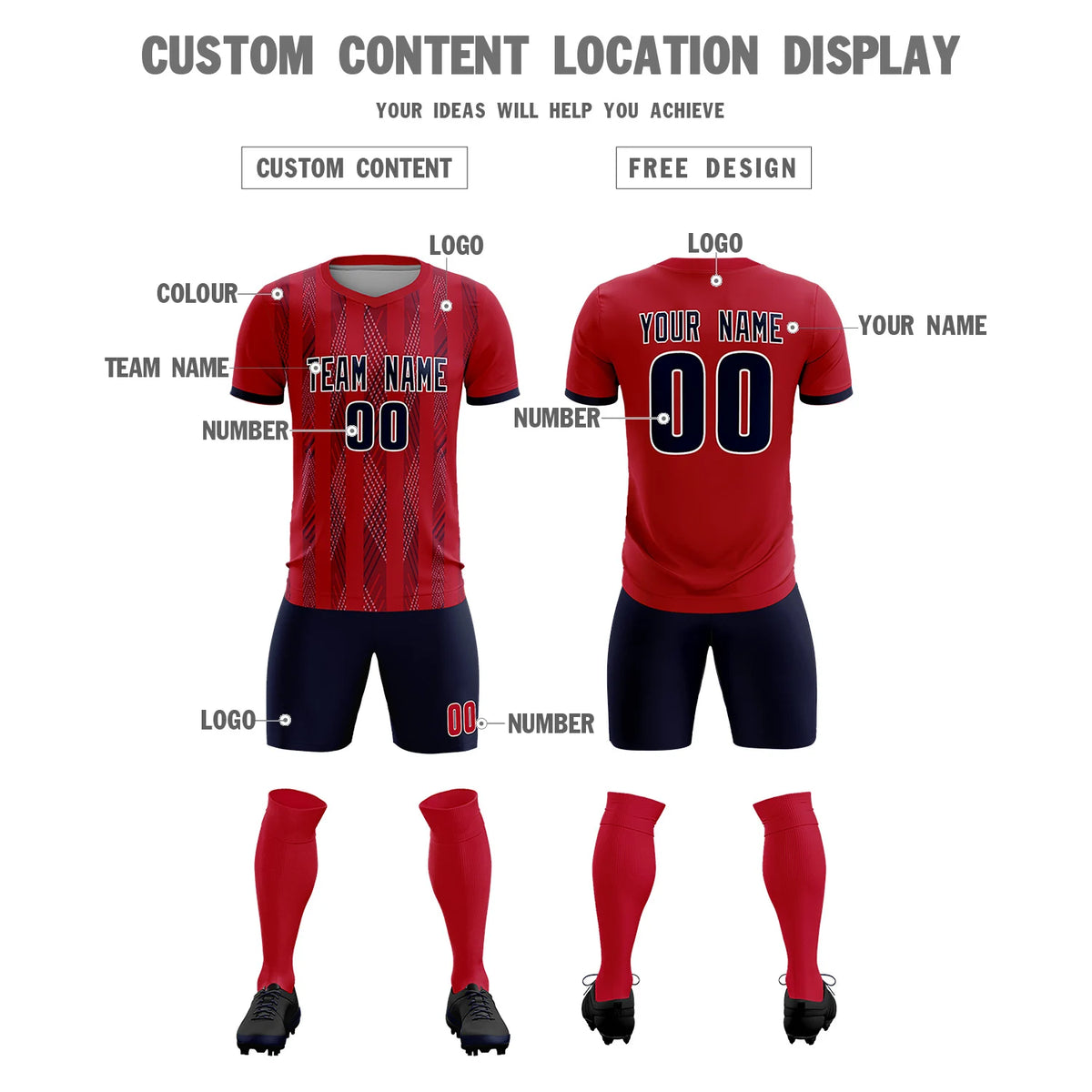 Custom Red Navy-White Soft Soccer Sets Jersey