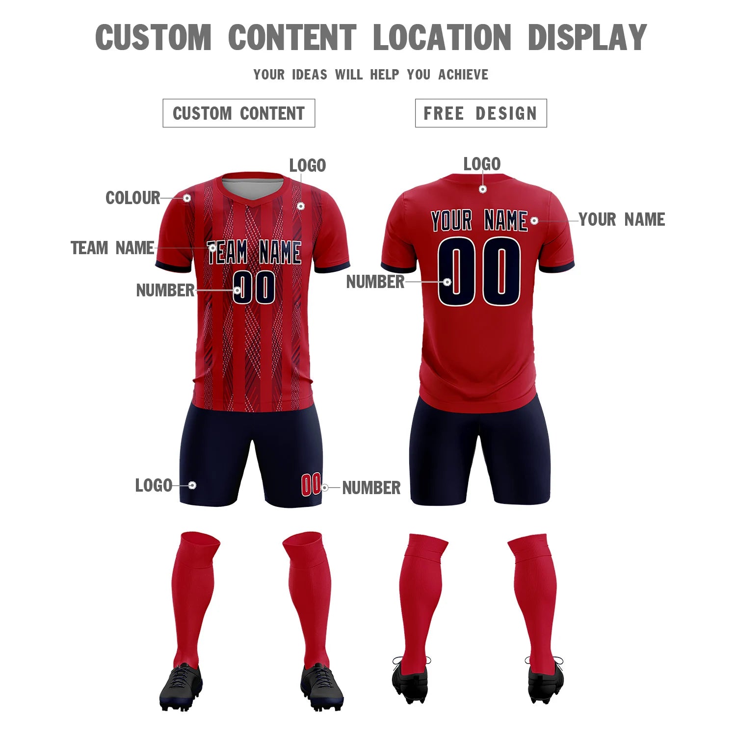 Custom Red Navy-White Soft Soccer Sets Jersey