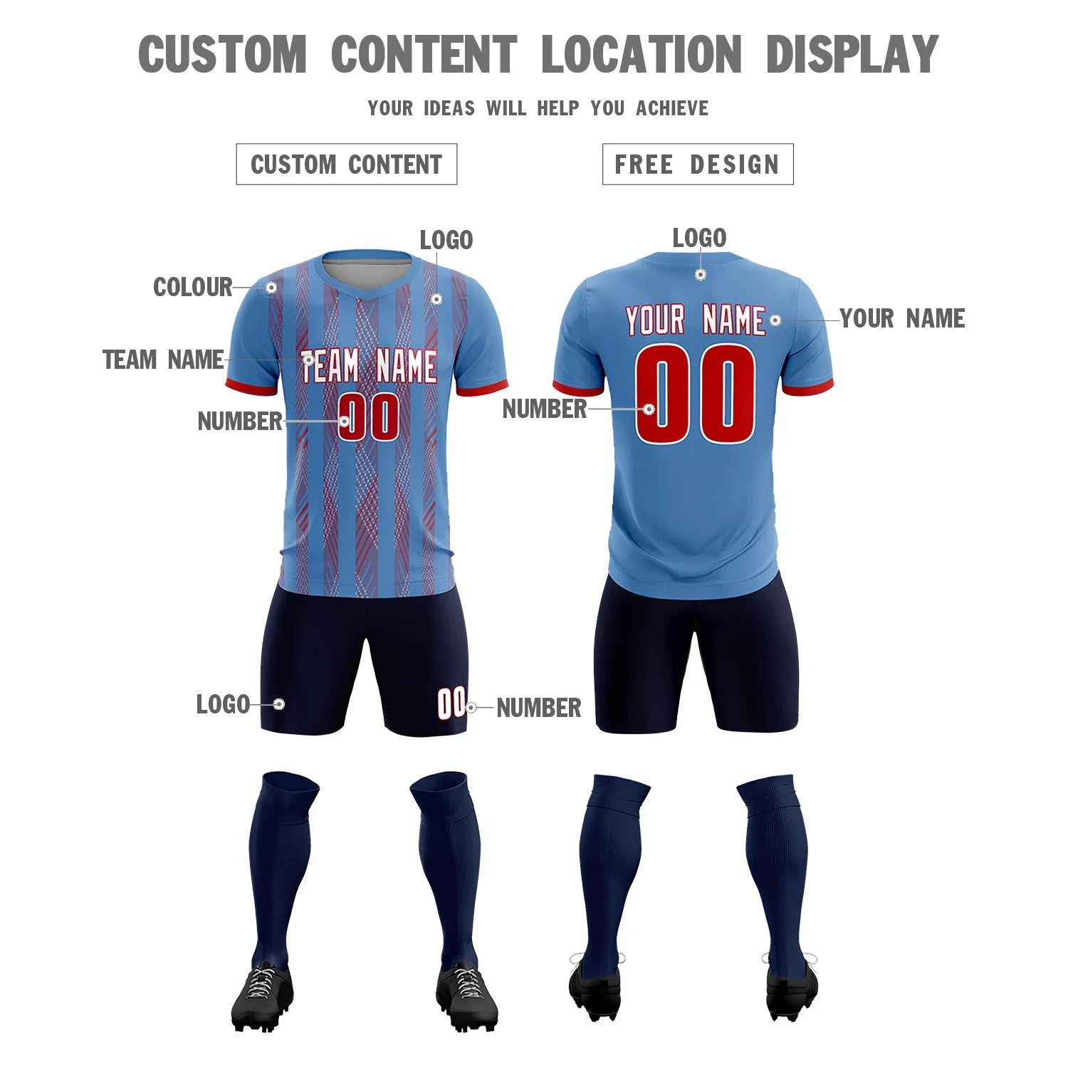 Custom Light Blue Red-White Soft Soccer Sets Jersey