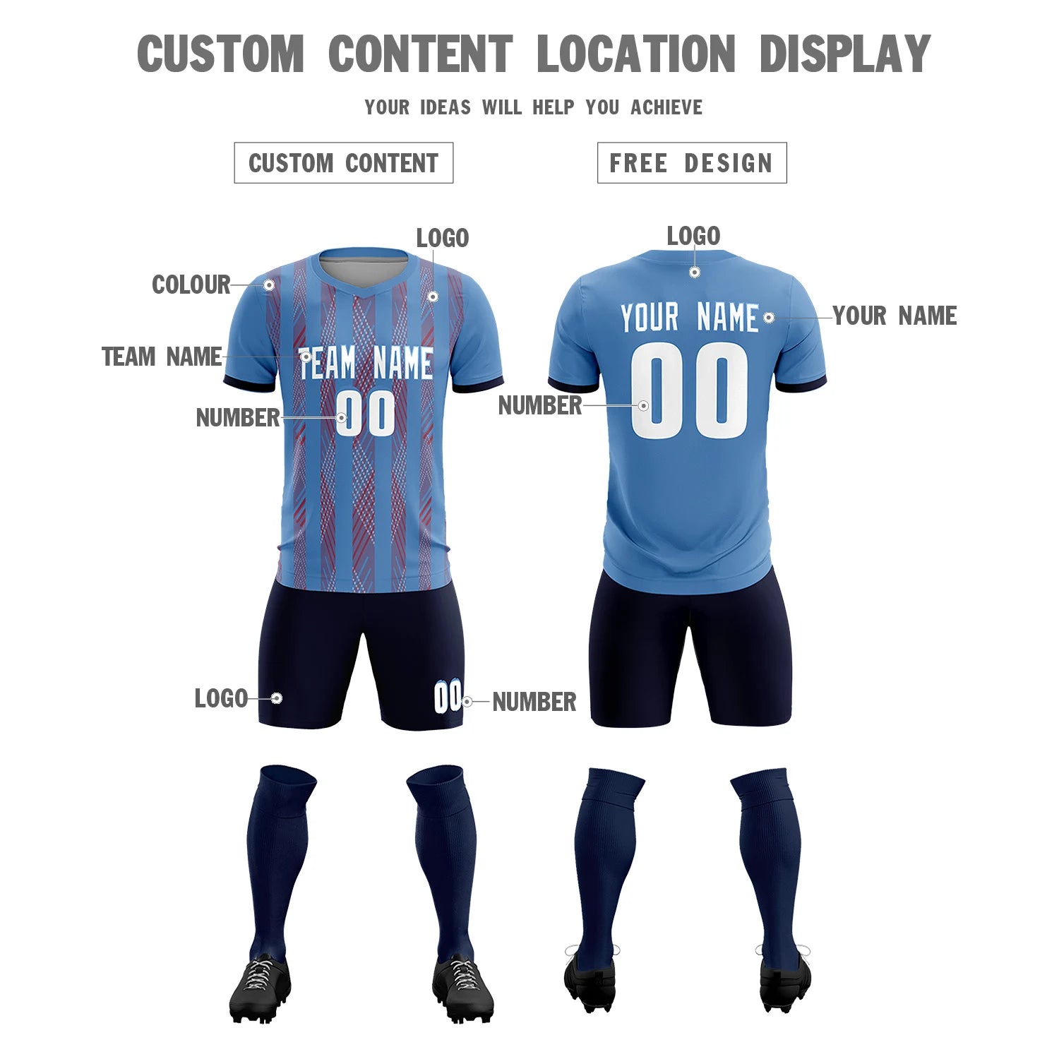 Custom Light Blue Red-White Soft Soccer Sets Jersey