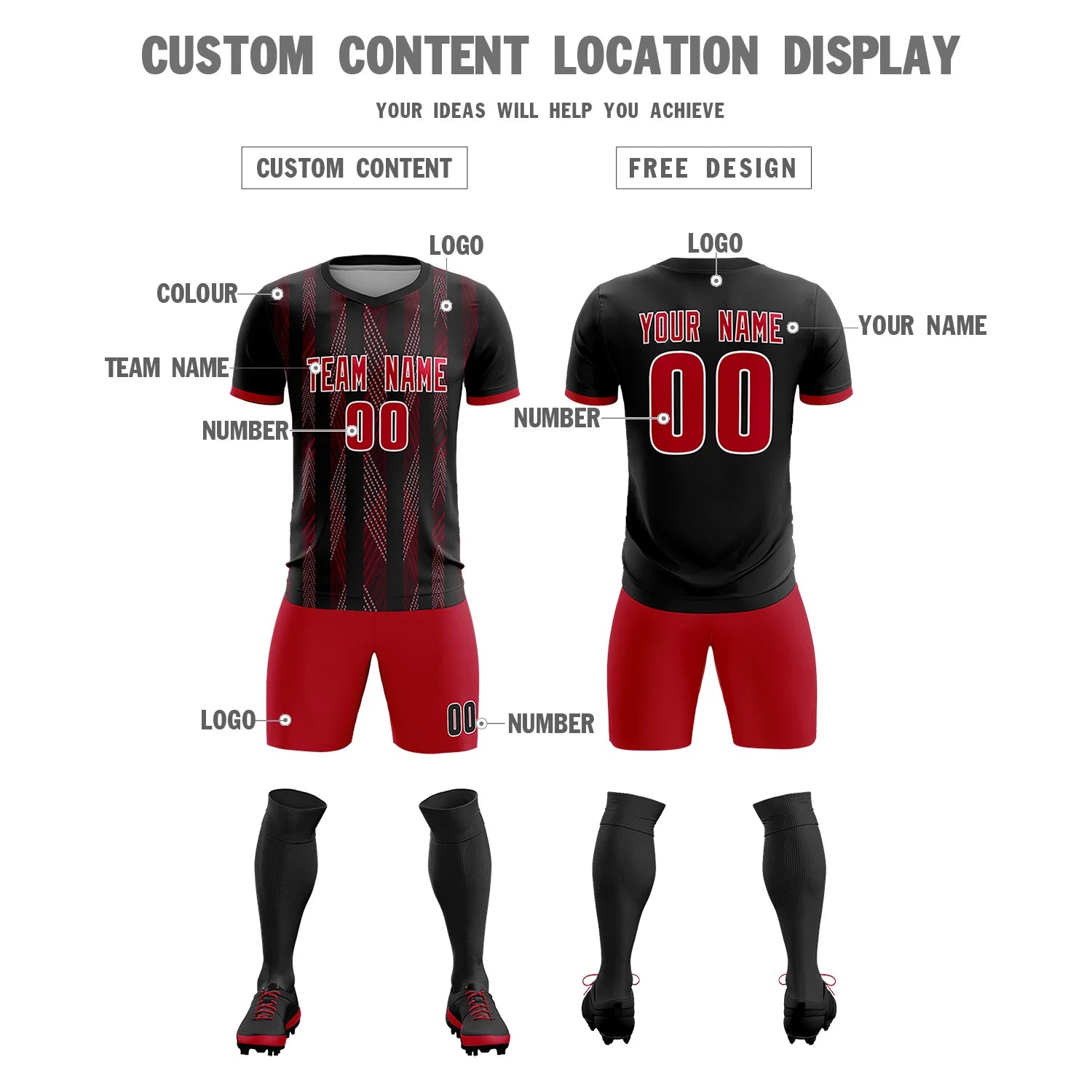 Custom Black Red-White Soft Soccer Sets Jersey