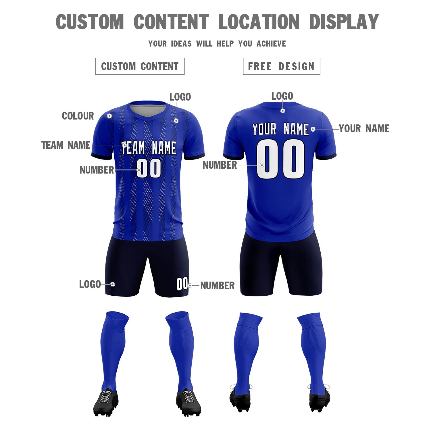 Custom Royal Blue Black-White Soft Soccer Sets Jersey