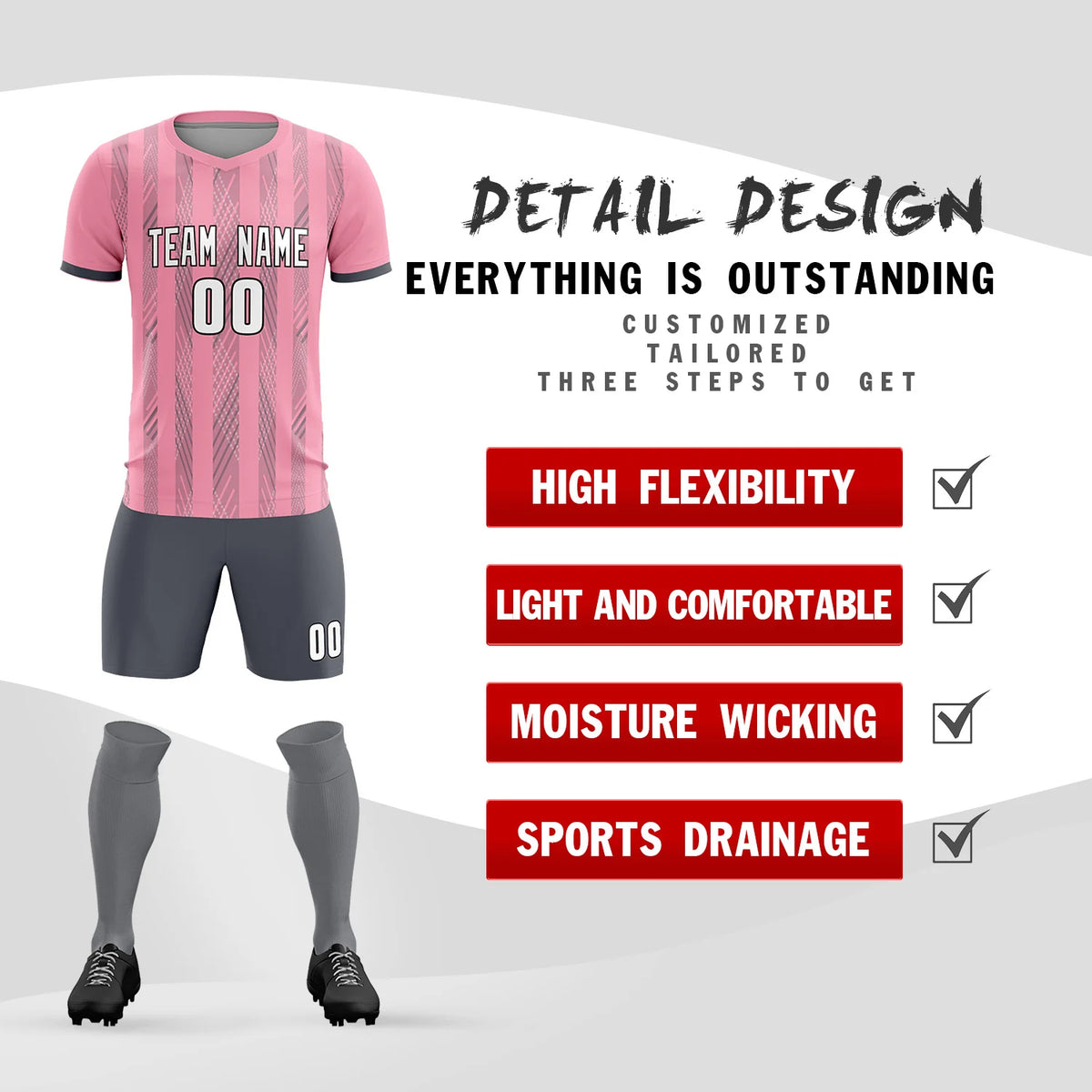 Custom Light Pink Gray-White Soft Soccer Sets Jersey