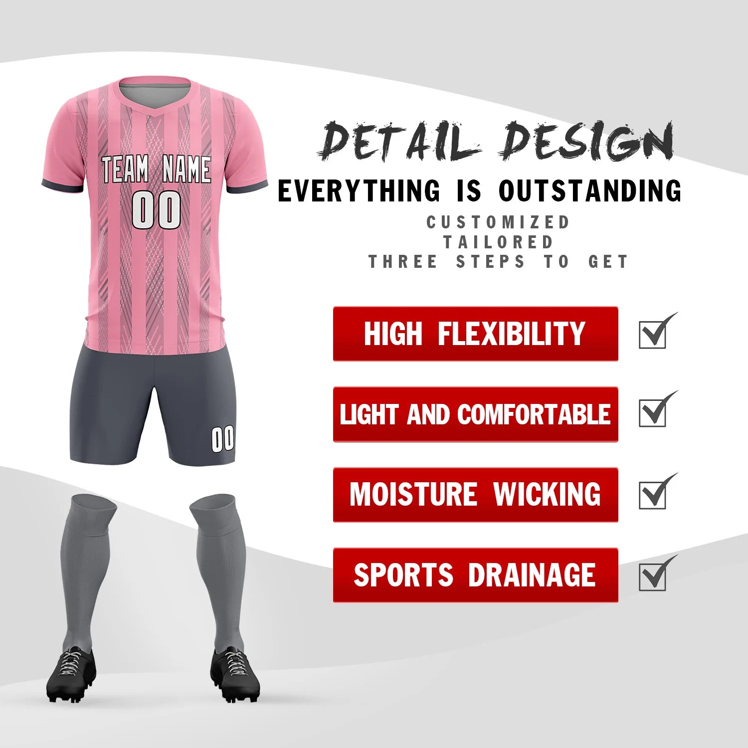 Custom Light Pink Gray-White Soft Soccer Sets Jersey