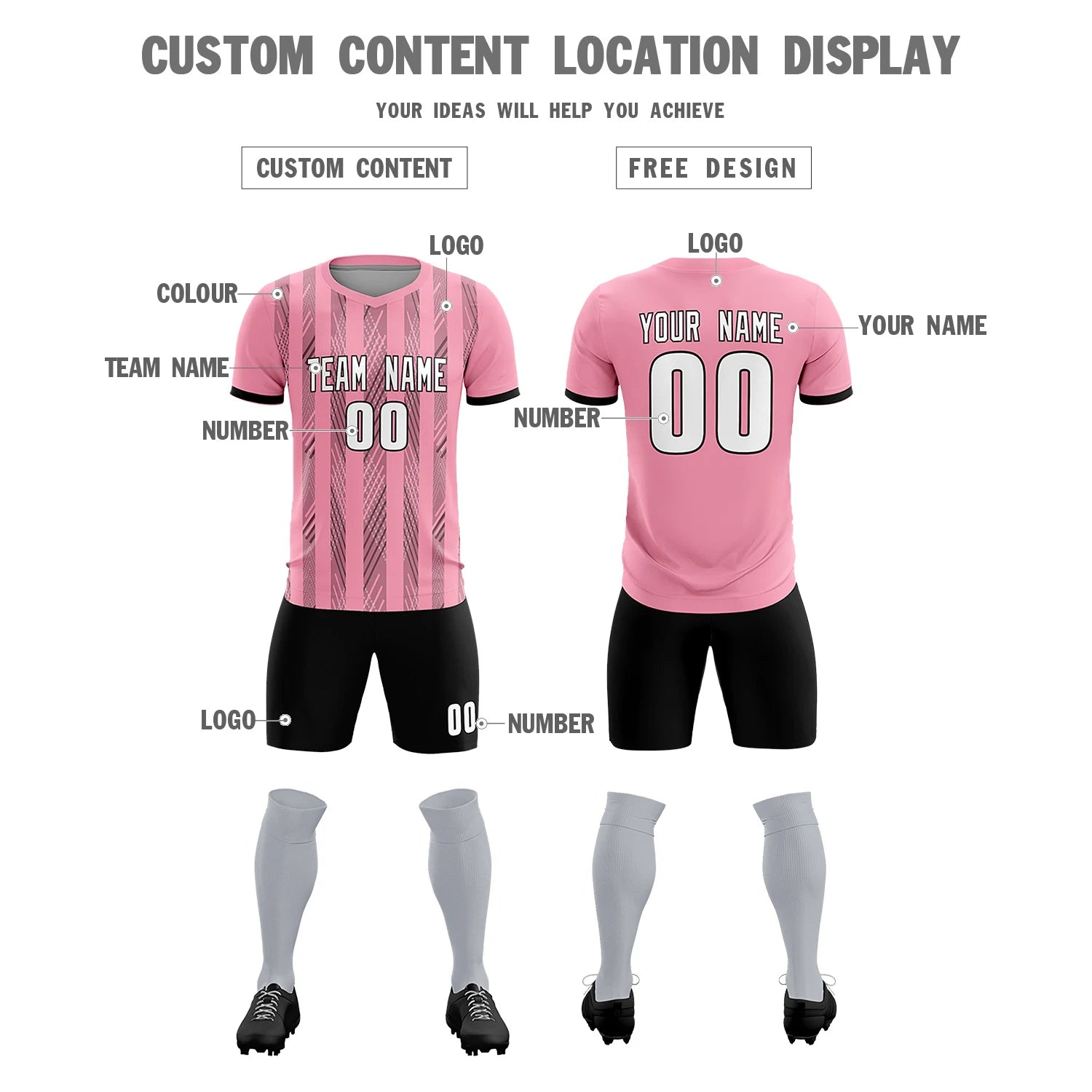 Custom Light Pink Black-White Soft Soccer Sets Jersey