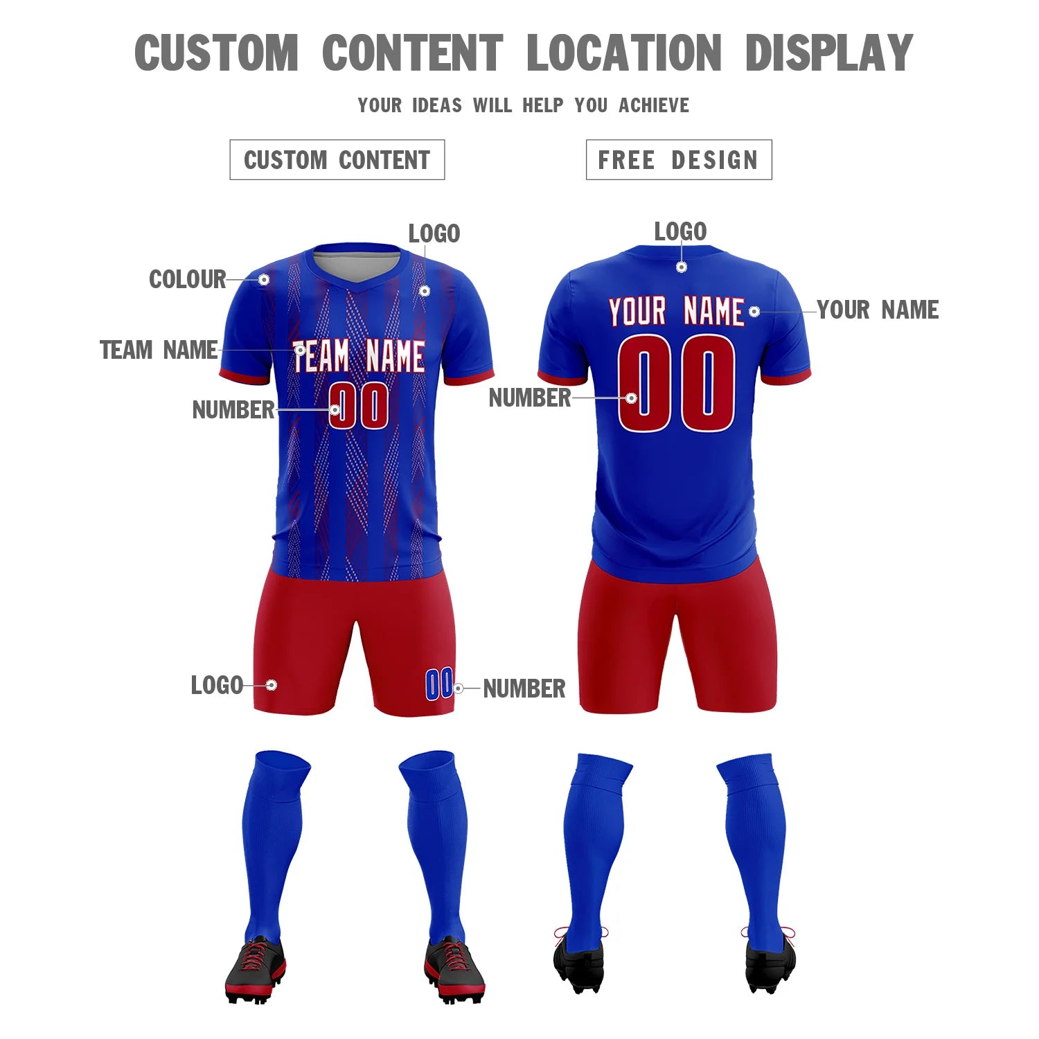 Custom Royal Blue Red-White Soft Soccer Sets Jersey
