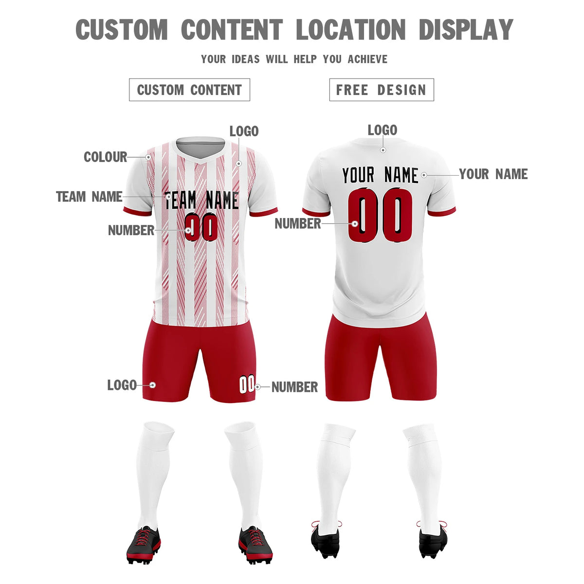 Custom White Red-White Soft Soccer Sets Jersey