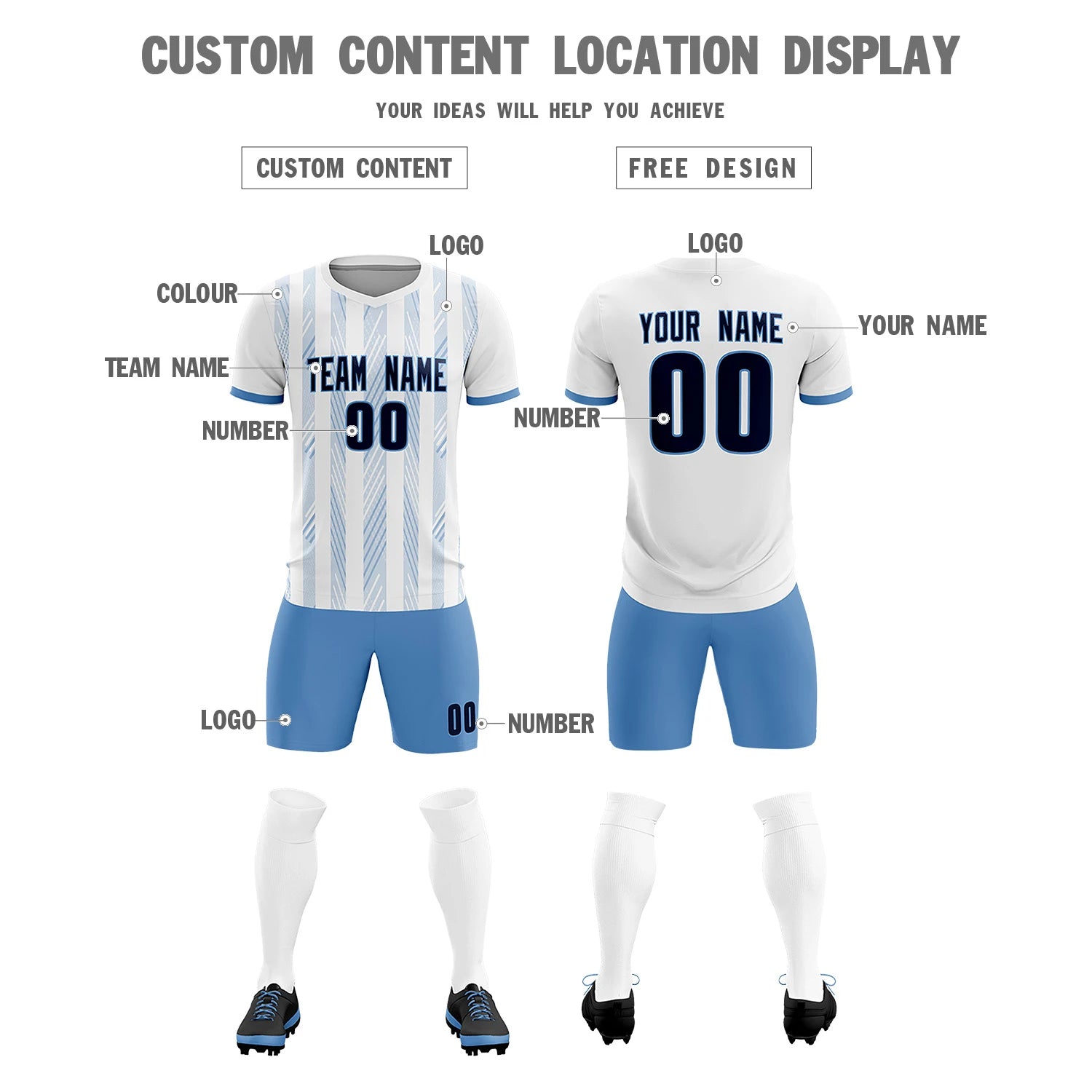 Custom White Light Blue-White Soft Soccer Sets Jersey