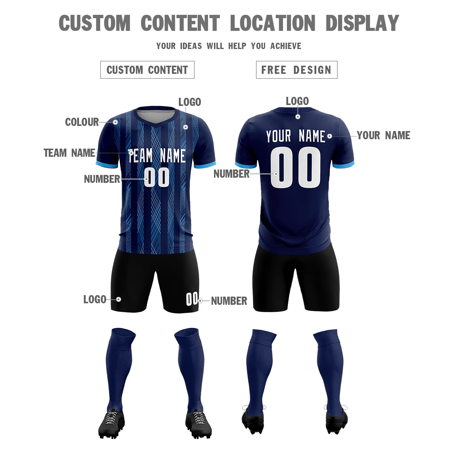 Custom Navy Powder Blue-White Soft Soccer Sets Jersey