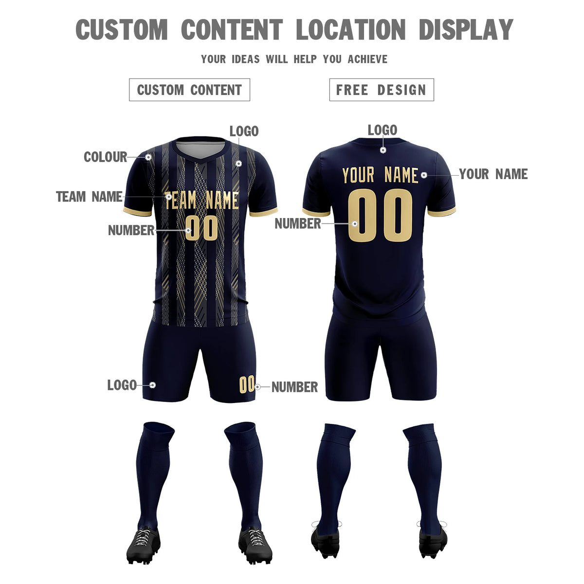 Custom Navy Khaki-White Soft Soccer Sets Jersey