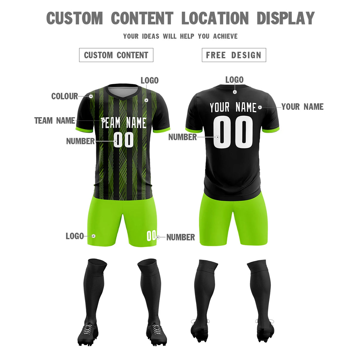 Custom Black Neon Green-White Soft Soccer Sets Jersey