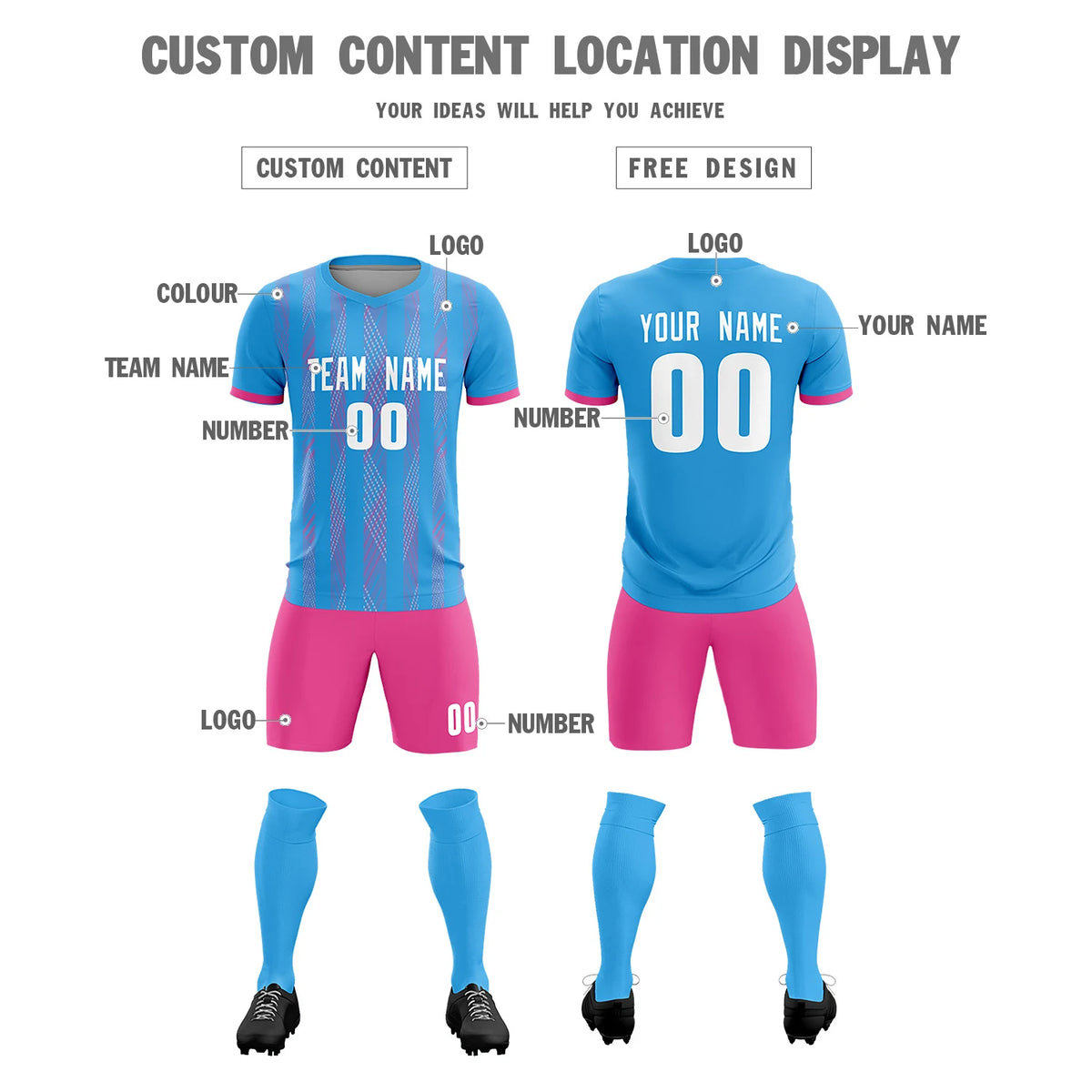 Custom Powder Blue Pink-White Soft Soccer Sets Jersey
