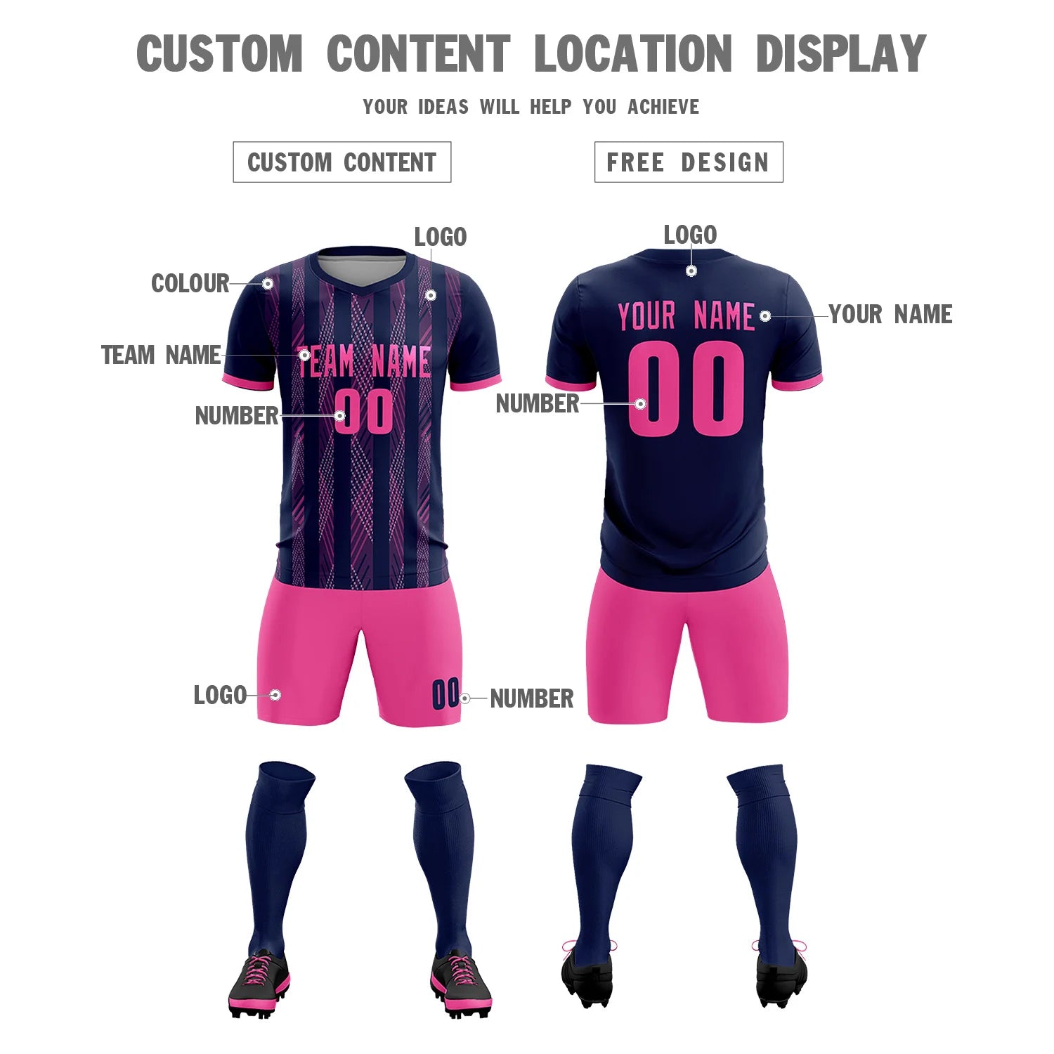 Custom Navy Pink-White Soft Soccer Sets Jersey