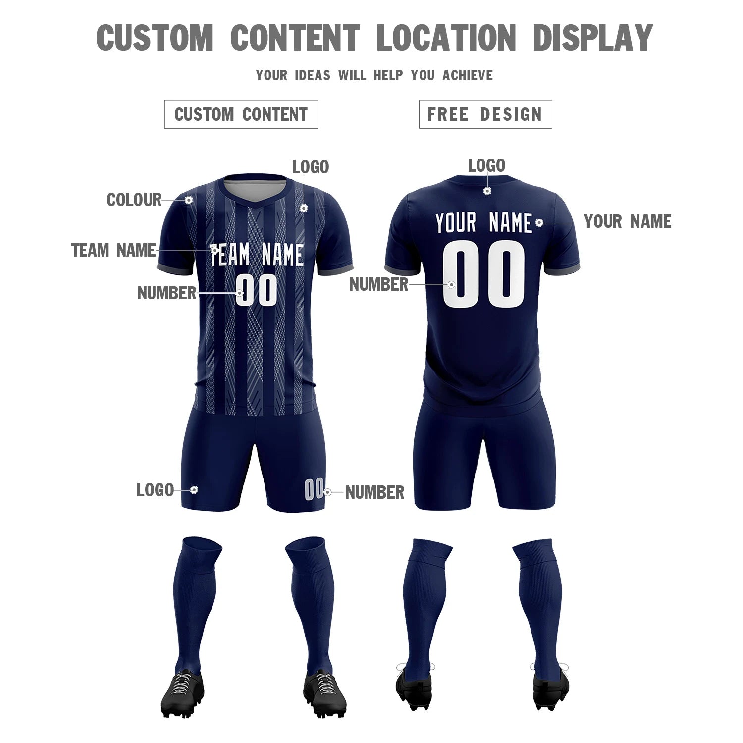 Custom Navy Gray-White Soft Soccer Sets Jersey