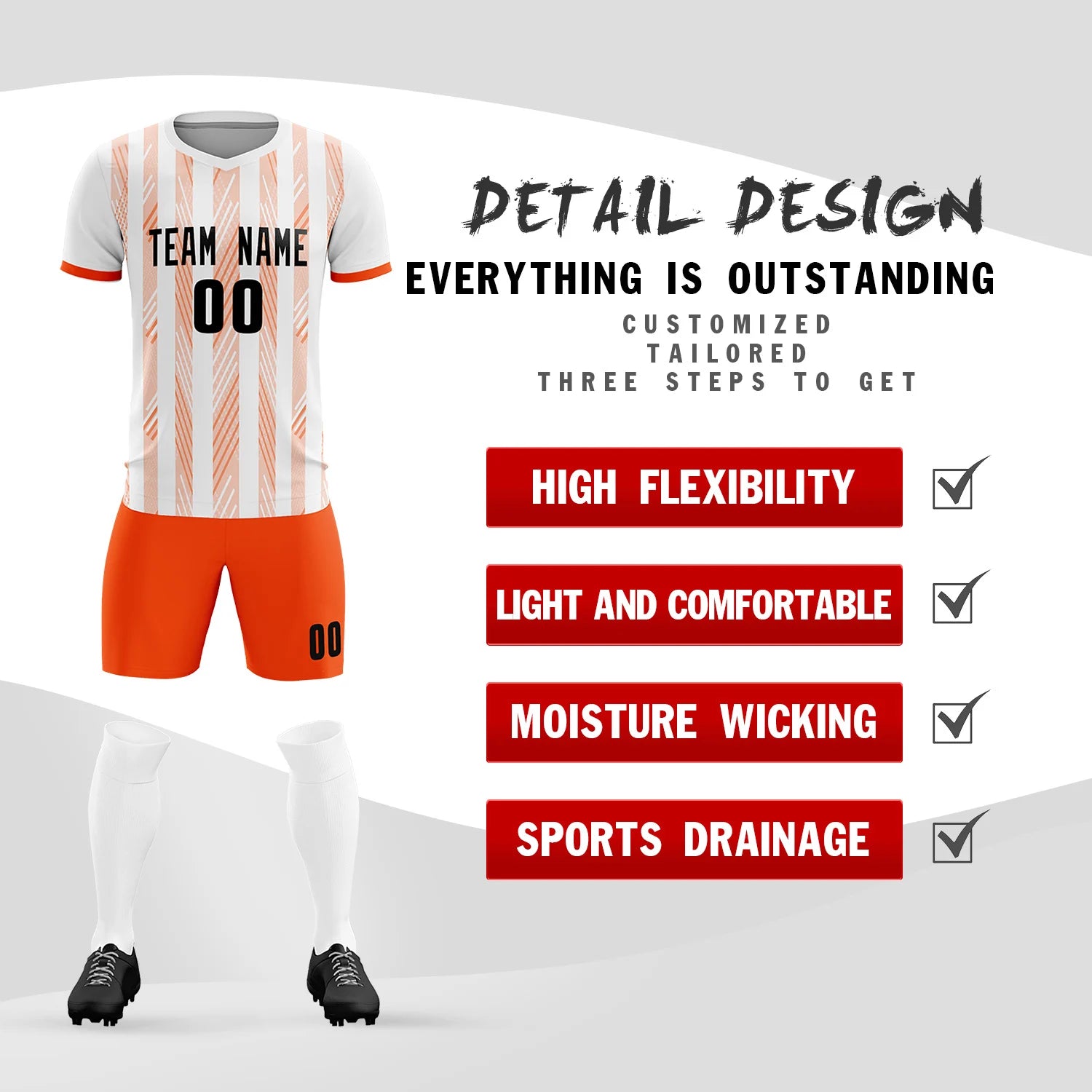 Custom White Orange-White Soft Soccer Sets Jersey