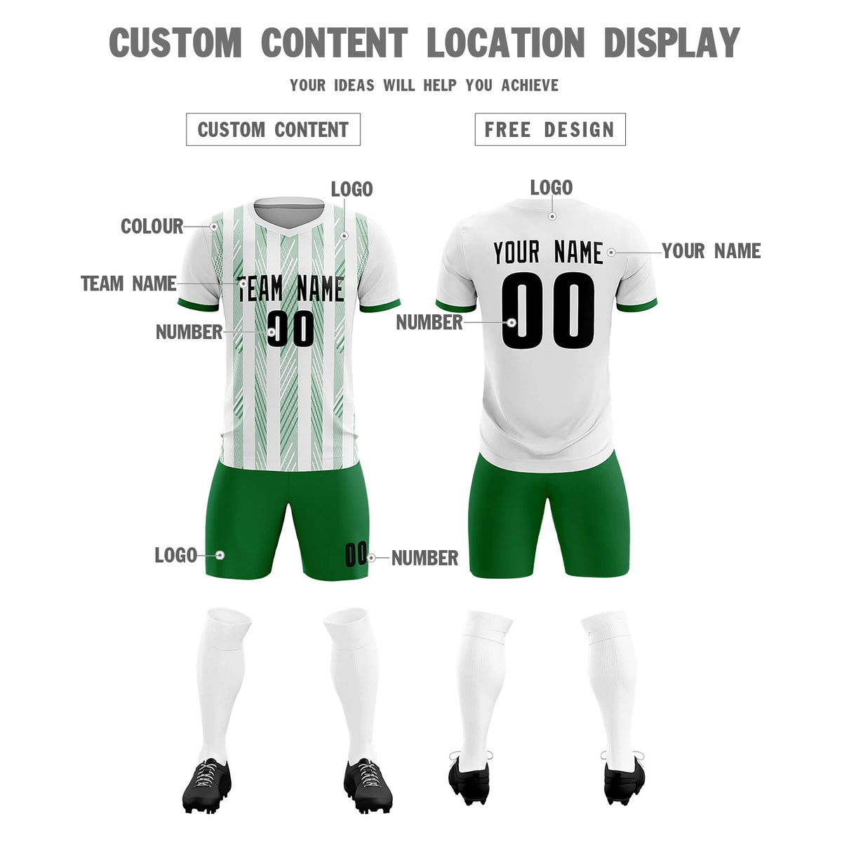 Custom White Kelly Green-White Soft Soccer Sets Jersey