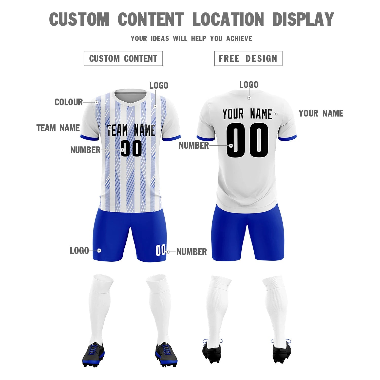 Custom White Royal Blue-White Soft Soccer Sets Jersey